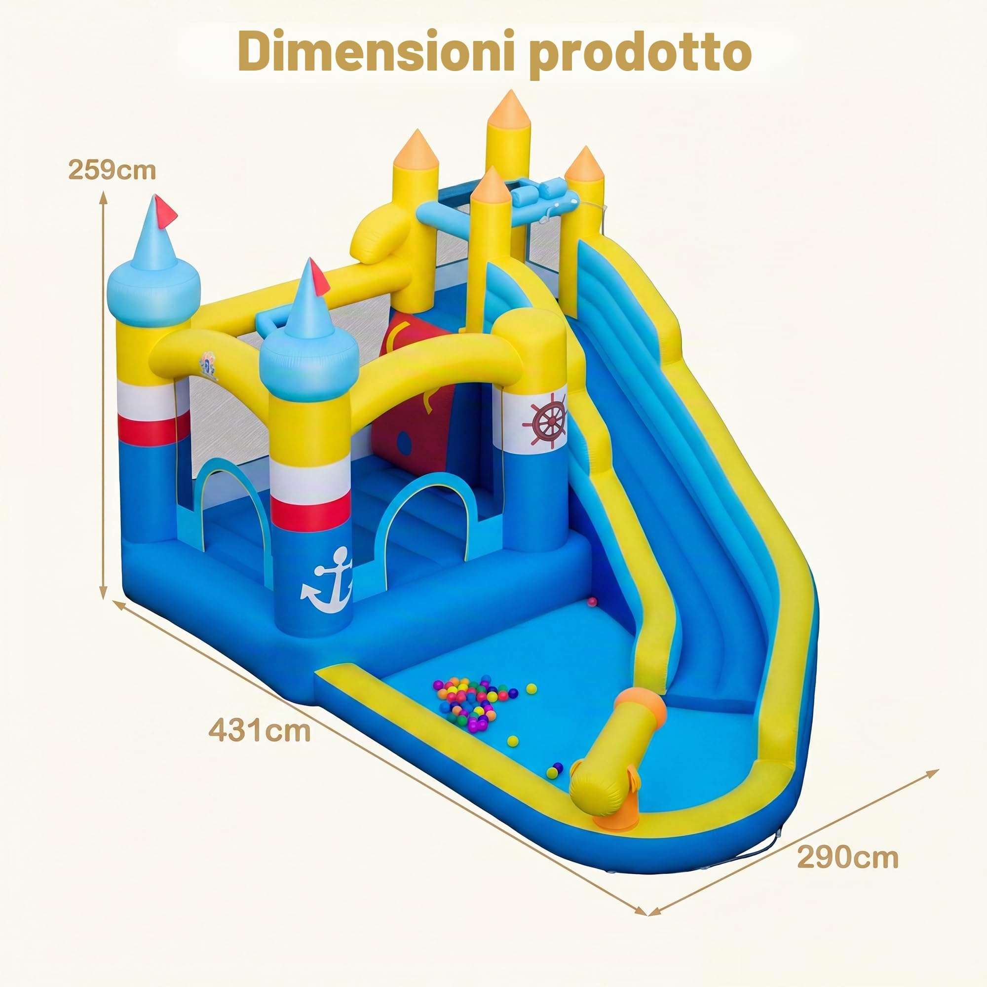 GIANTEX Castello Gonfiabile Capitano, Struttura Gonfiabile con Scivolo, Parete d’Arrampicata, Cannone ad Acqua, Cesto da Basket e Piscina di Palline, Adatto a Bambini da 3 a 12 Anni (Senza Soffiatore)