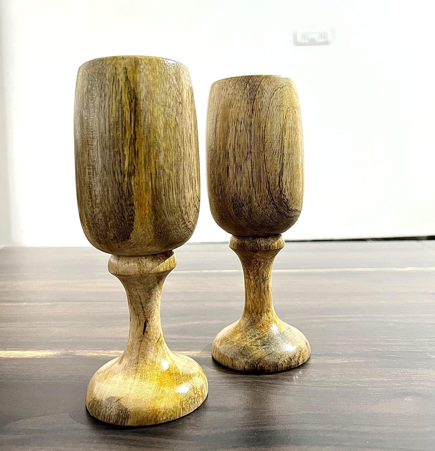 Mango Wood Wine Goblet Handmade Wood Toasting Glass Decorative Cup - Set Of 2