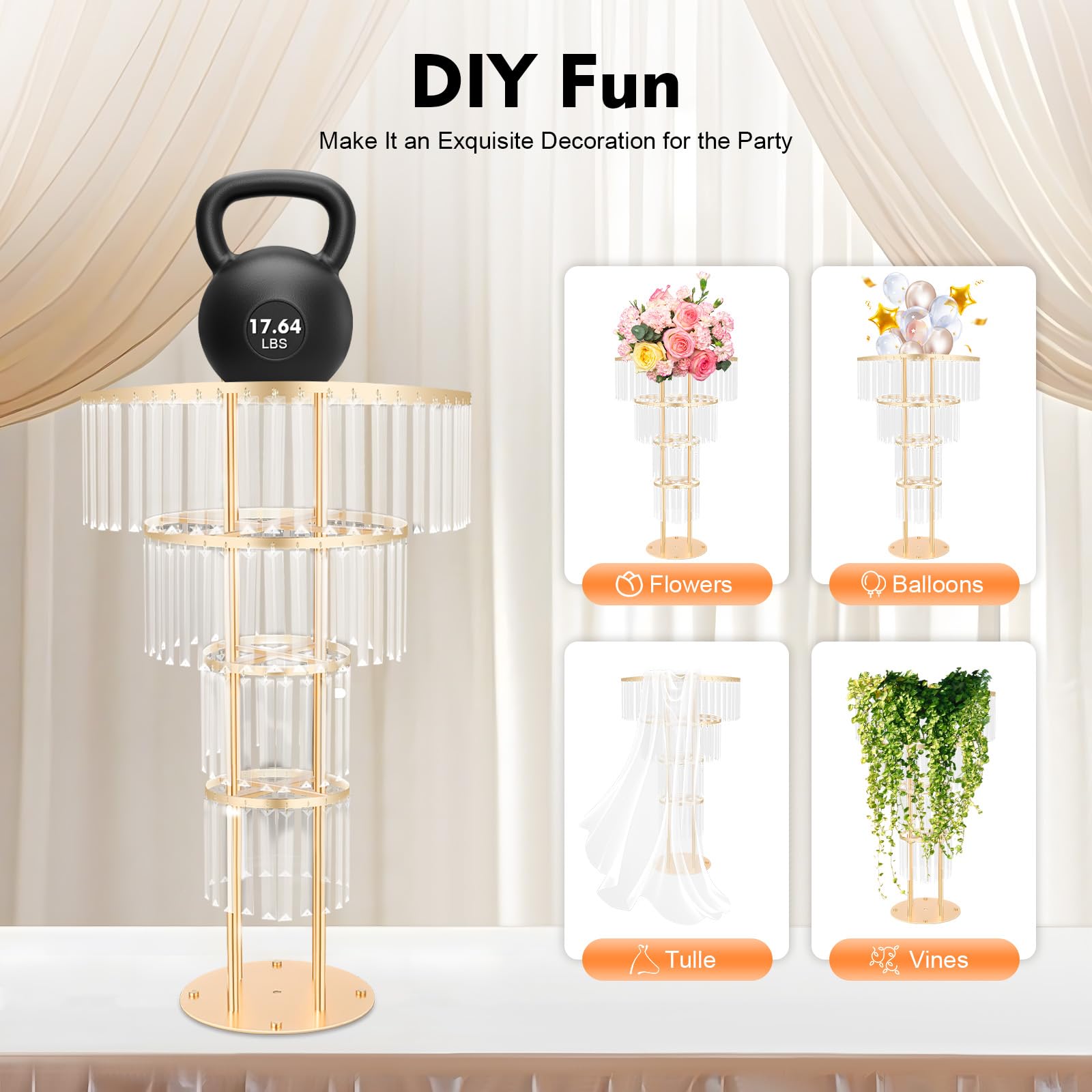 Centros de mesa de boda, decoración de flores, jarrones de cristal dorado de 35.4 pulgadas, decoración moderna de pedestal redondo dorado, soporte de pedestal redondo de 3 niveles para