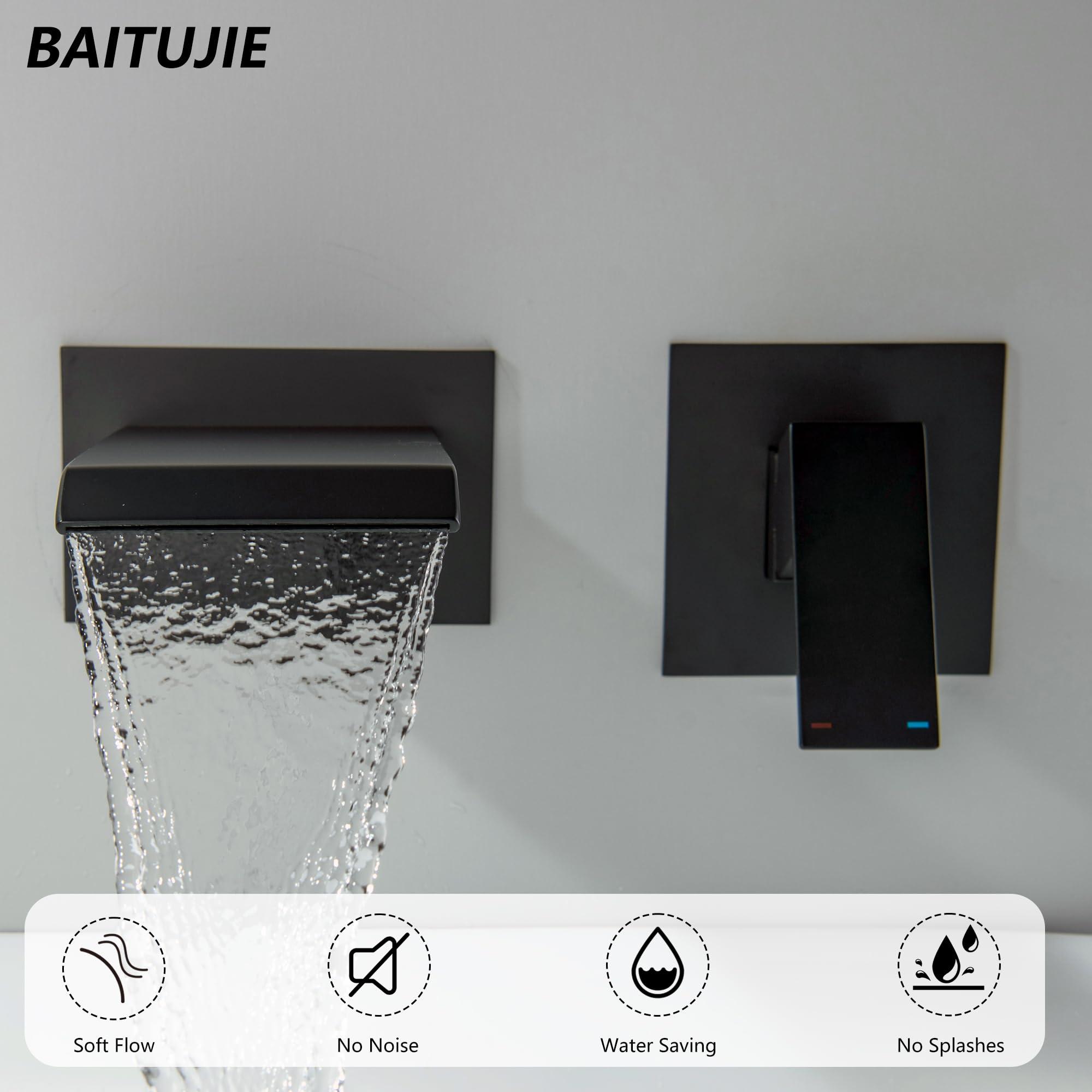 Rubinetto da bagno a parete con bocca a cascata in ottone nero opaco, riempitore da bagno a muro