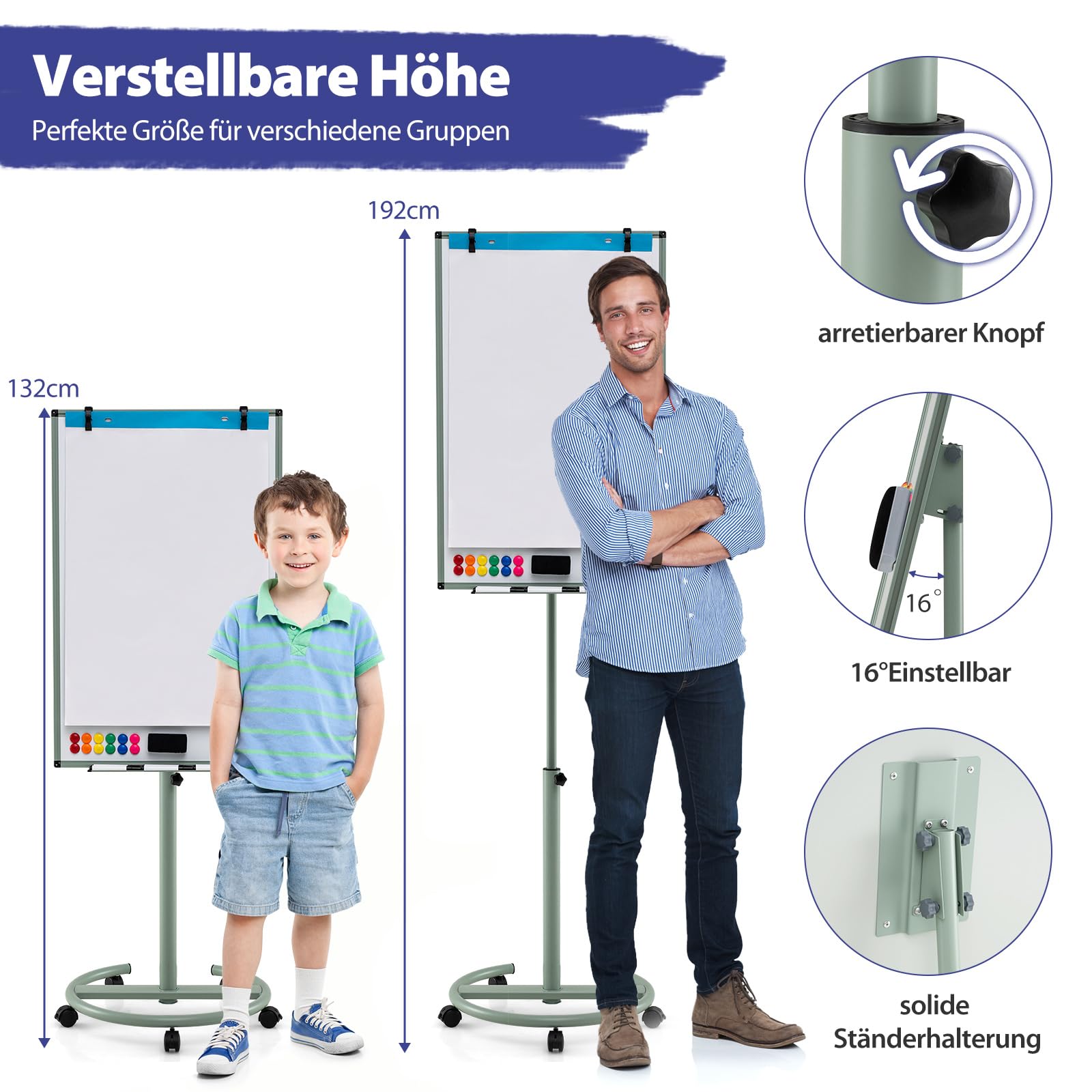 COSTWAY Flipchart Ständer, 100x65cm, mobiles Whiteboard auf Rollen, höhenverstellbar bis 192cm, trocken abwischbar, magnetisch, Flip Chart mit rundem Ständer, Magneten, Markern & Radierer