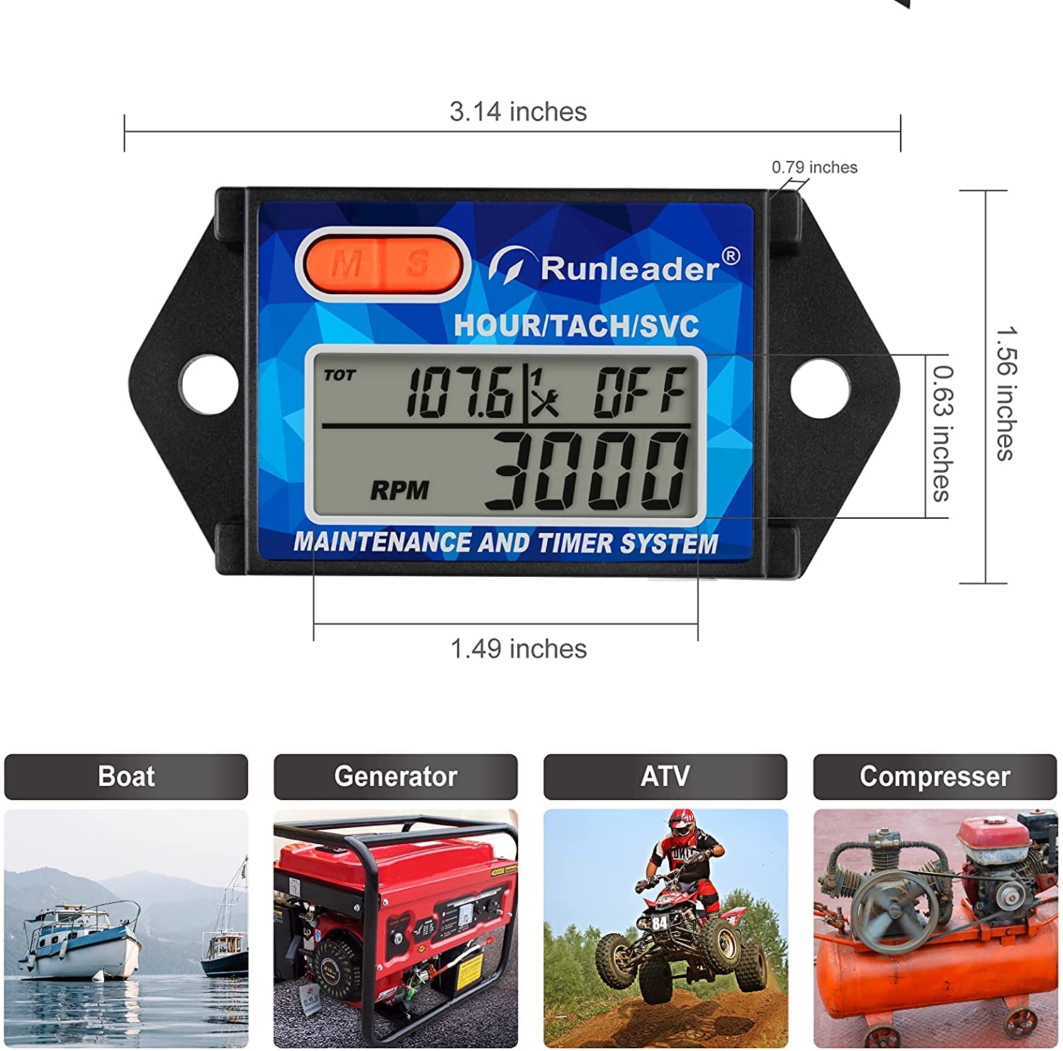 Runleader Digitaler Betriebsstundenzähler, Wartungserinnerung, austauschbarer Akku, funktioniert mit kleinem Gasmotor, Verwendung für Rasenmäher, Generator, Außenbordmotor, Dirtbike, Kettensäge