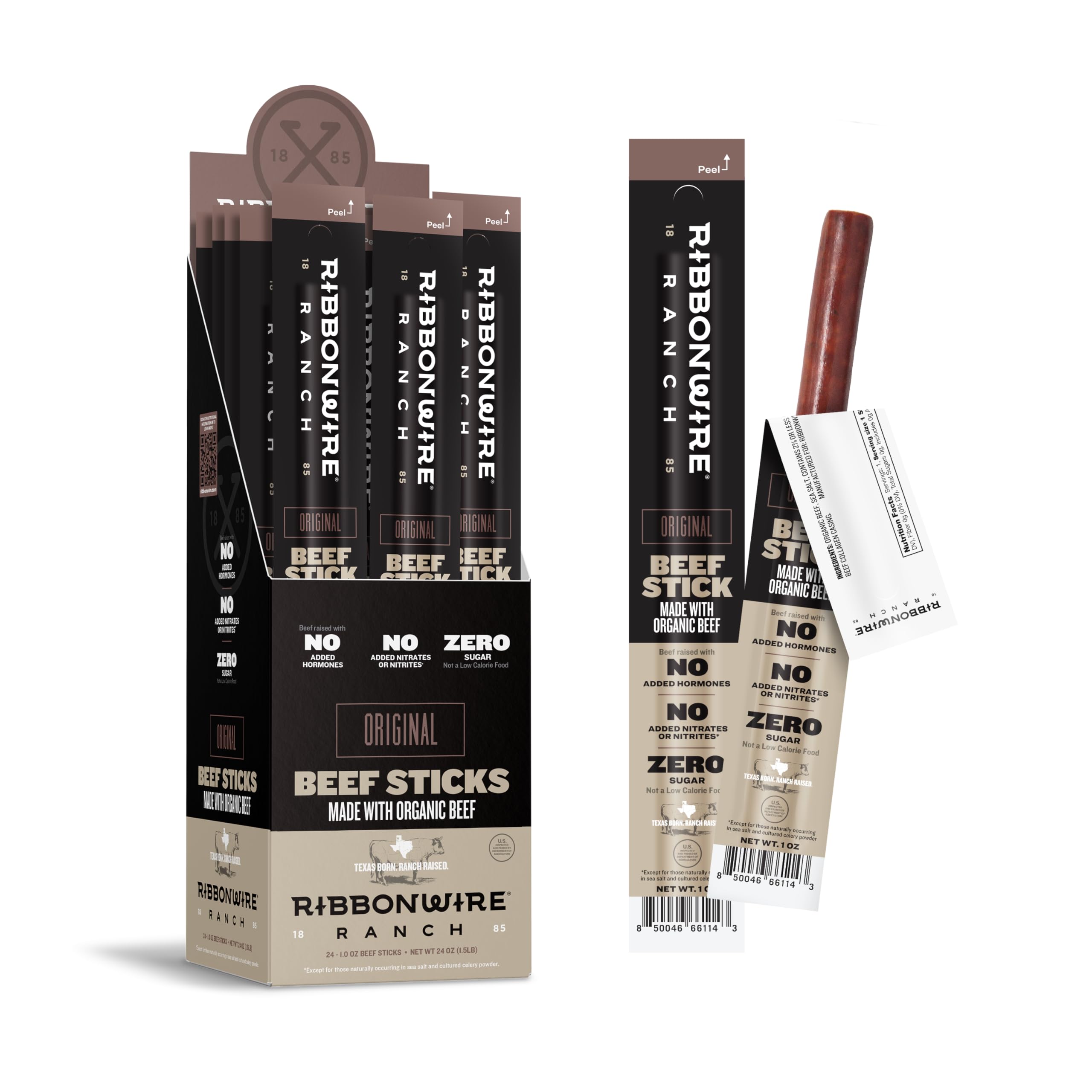Ribbonwire Ranch Beef Sticks, Made with Organic Beef, Pasture Raised, High Protein Snack, Healthy, Low Carb, Keto Friendly, Gluten Free, Nitrate Free, On the Go, 1 Oz Sticks, Original Flavor, 24 Pack