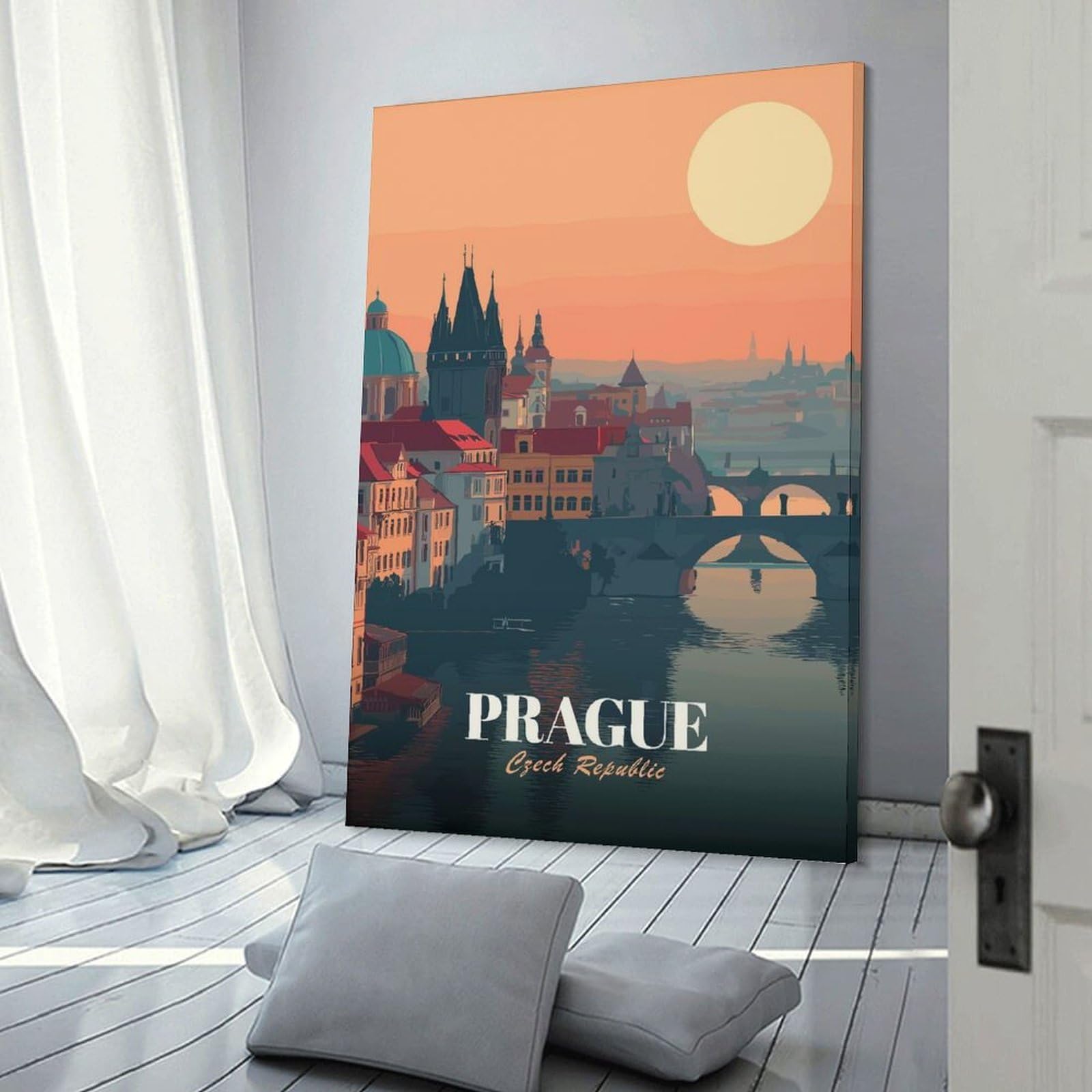 Junmoney Prague, Czech Republic Travel Canvas Wall Picture, 20x30inch(50x75cm), for Front Hall, Corridor Or Welcome Spaces, Wall Decor to Refresh Empty Corners