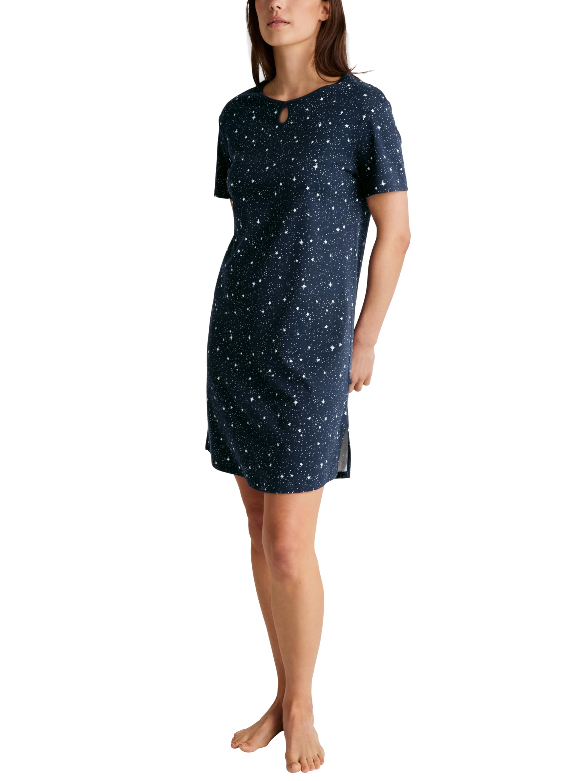 CALIDA Sweet Dreams Women's Short Sleeve Nightdress Length 95 cm 100% Cotton, Peacoat Blue, 44-46