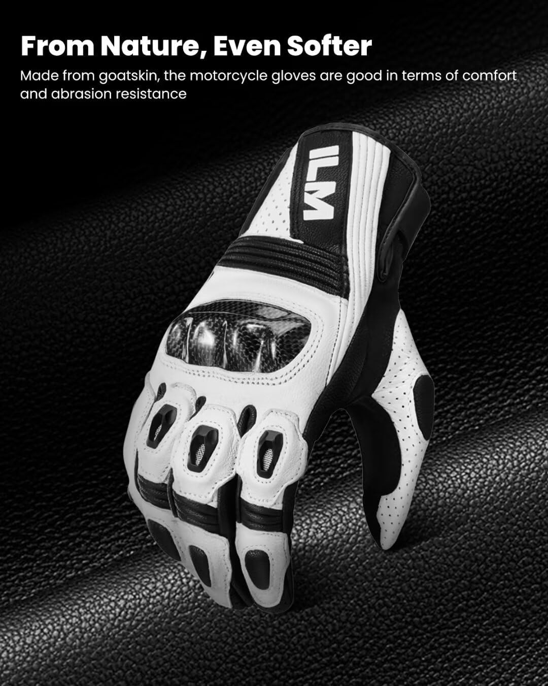 ILM Motorcycle Goatskin Leather Gloves for Men Women Riding Motorbike with Touchscreen Hard Knuckle Model GL4(White,L) - Image 3