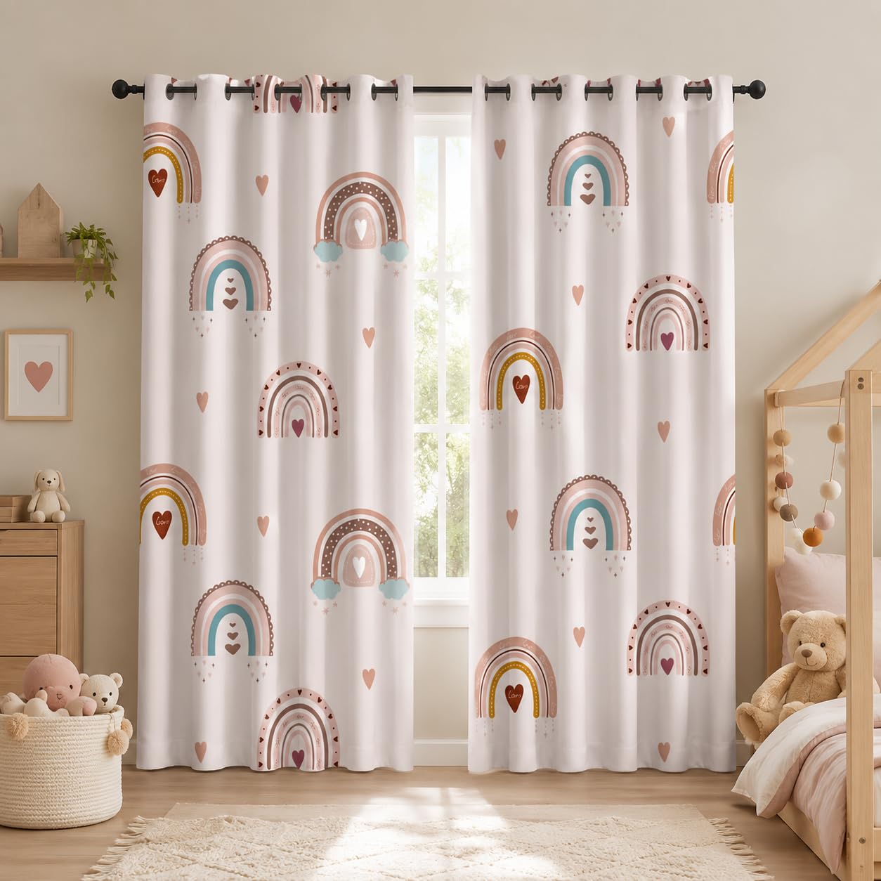 Vorhänge Regenbogen, Verdunkelungsvorhang Boho Liebesherz mit Ösen, Vorhang Blickdicht Thermovorhang für Schlafzimmer Wohnzimmer Kinderzimmer, Ombre Gardinen Deko 2er Set 160 x 100 cm (HxB) T-176