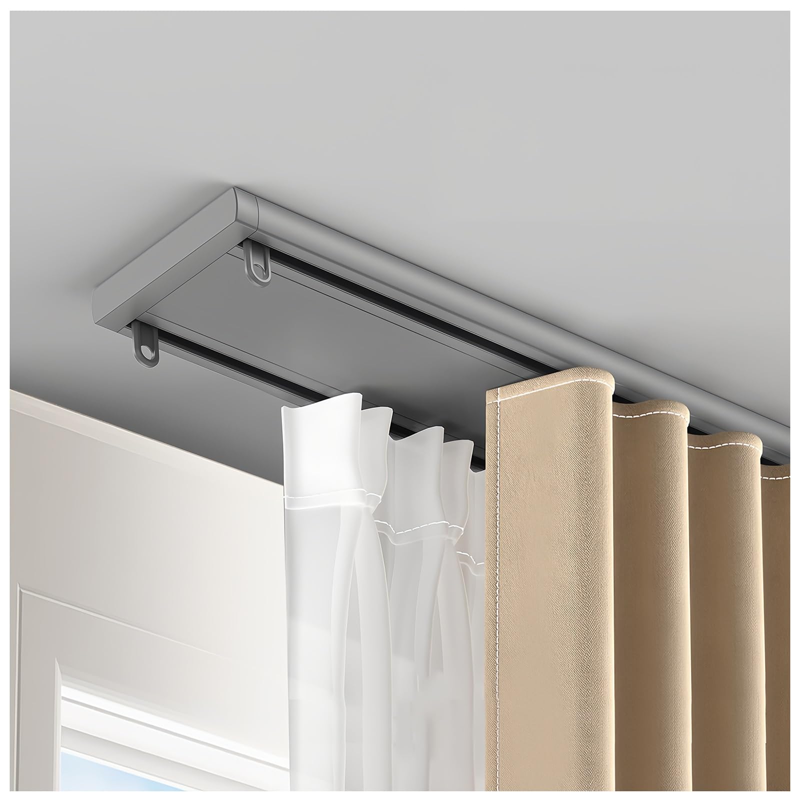 Cmjymx Gray Double Row Curtain Track - Conjoined Double Track Rails Ceiling Mount, Heavy-Duty Curtain Tracks System Set With Mute Rollers Easy To Install(,10.8Ft/330Cm)