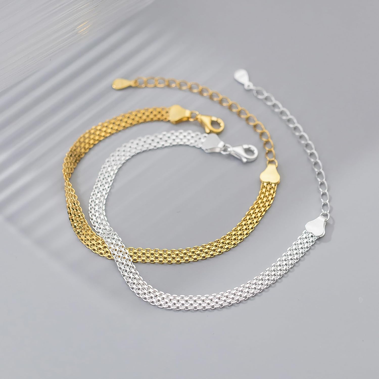 IPEPPY 925 Sterling Silver Solid Slider Bead Bracelets for Women Cute Pearl Layered Bracelet Gold Plated Italian Mesh Friendship Link Chain Bracelet Jewelry Christmas Gifts for Mom Daughter - Image 6