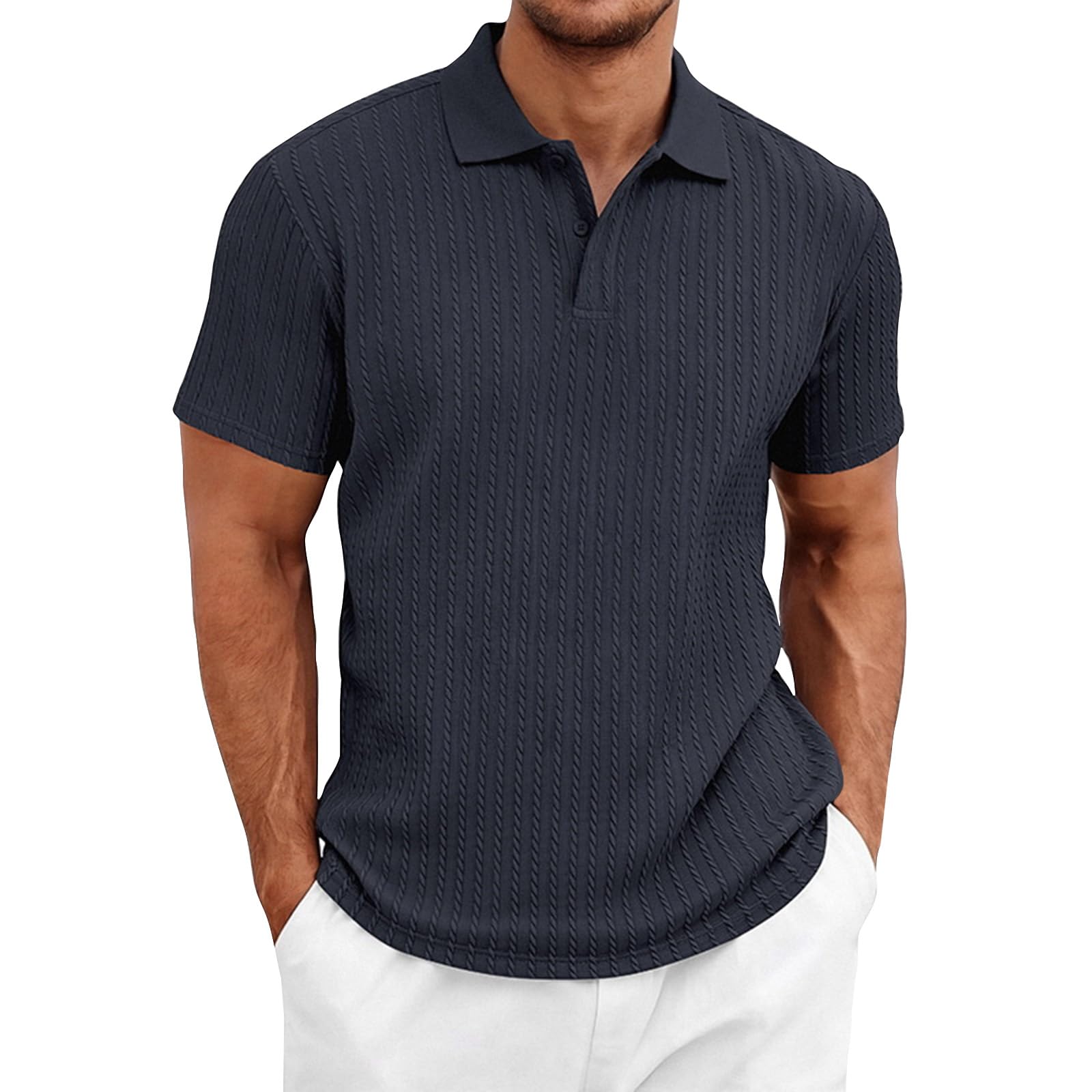 Polo Homme Texturé à Rayures Verticales Col Rabattu Boutonné Manches Courtes Été Confortable Coupe Ajustée Séchage Rapide pour Style Urbain et Décontracté