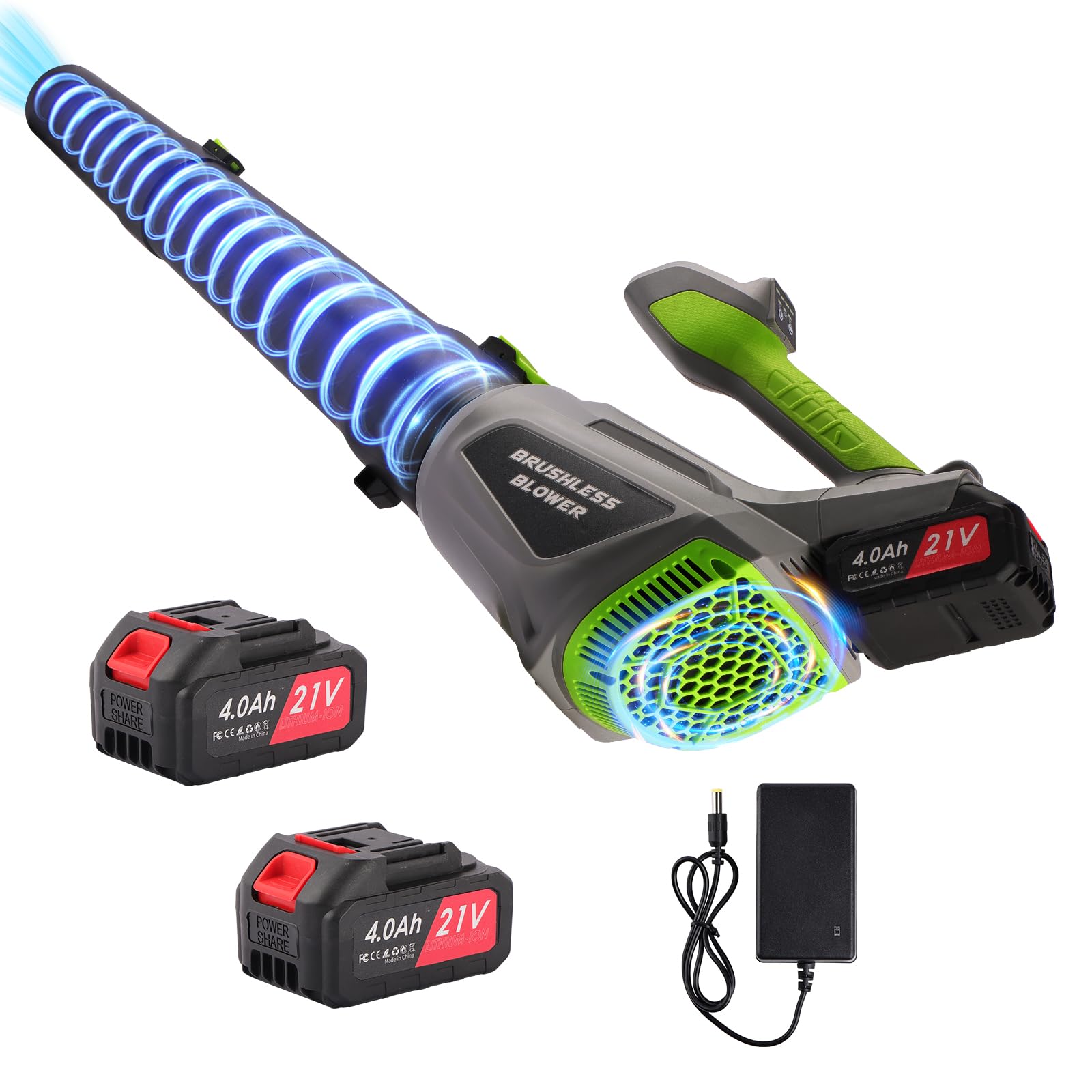 Soplador de Hojas Batería ,con 2x4.0Ah Baterías y Cargador, 132MPH, 380CFM, 3 Velocidades, con Tubo Recto y Curvo, Sopladora de Aire Potente para Jardín, Patio, Césped, Polvo y Hojas