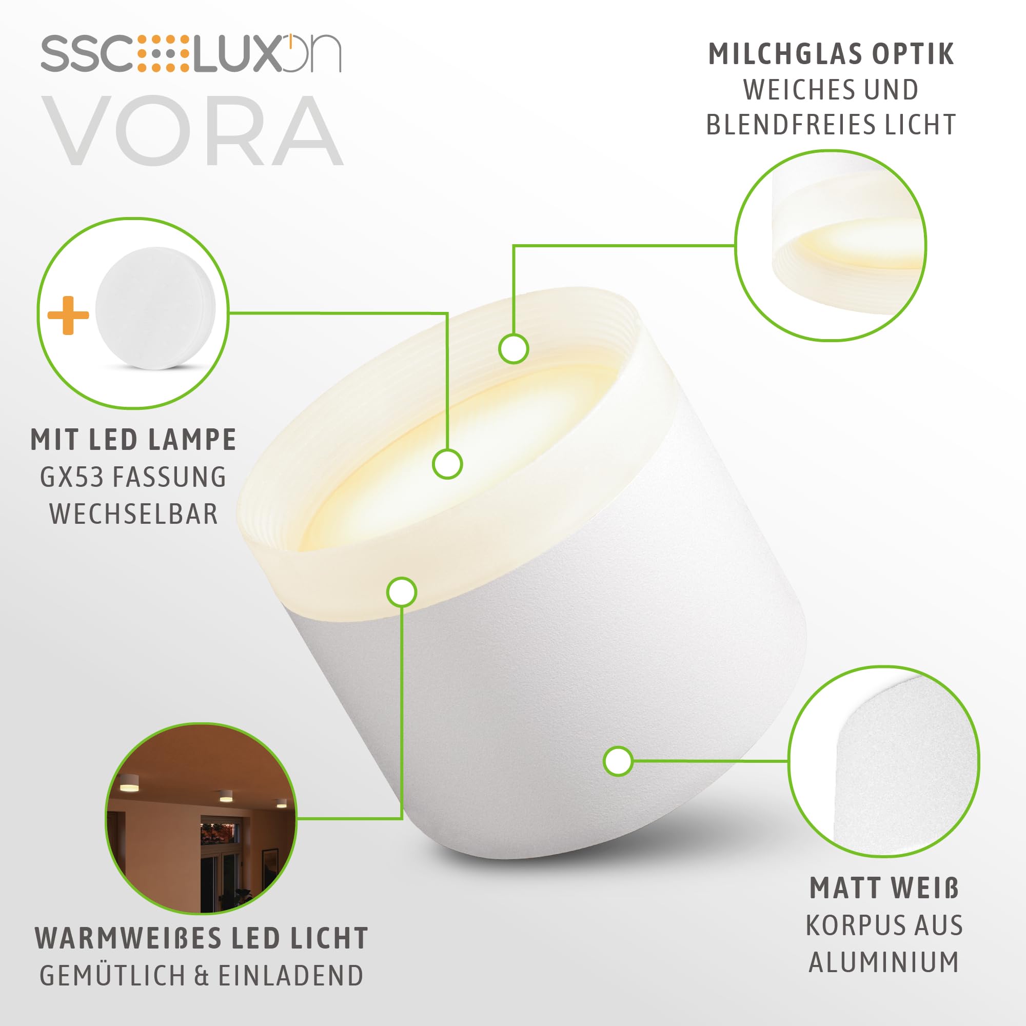 SSC-LUXon VORA Aufbaulampe weiß 4er Set 3 Lichtfarben Leuchtrand 230V LED