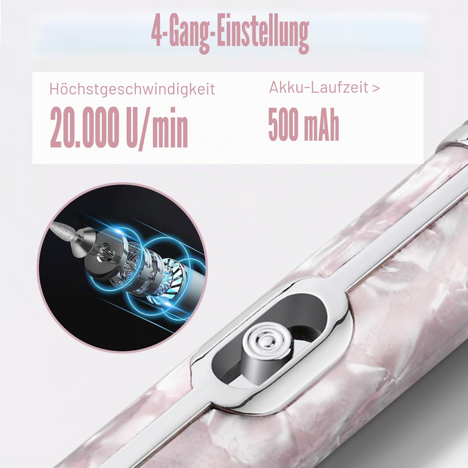 Nagelfräser Kabellos, 20000 u/Min Elektrische Nagelfeile Pediküre mit 12 Schleifköpfen 6 Schleifstufen 4 einstellbaren Geschwindigkeiten, Maniküre für Hand und Fußnägel Entfernt Gel Nagellack