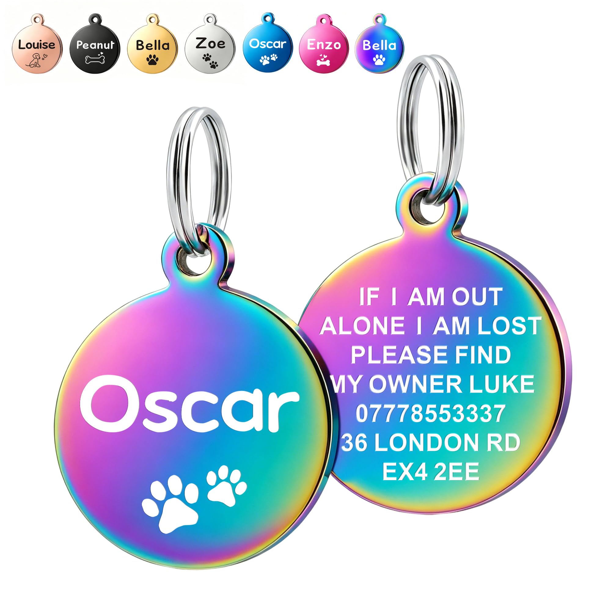Deep Engraved Dog Tags for Pets UK Prime, Personalised Cat Dog Name ID Tags, Stainless Steel Pet Tag for Doggy Kitten Kitty Puppy, Scratch Resistant Tag (Iridescent Round, S)