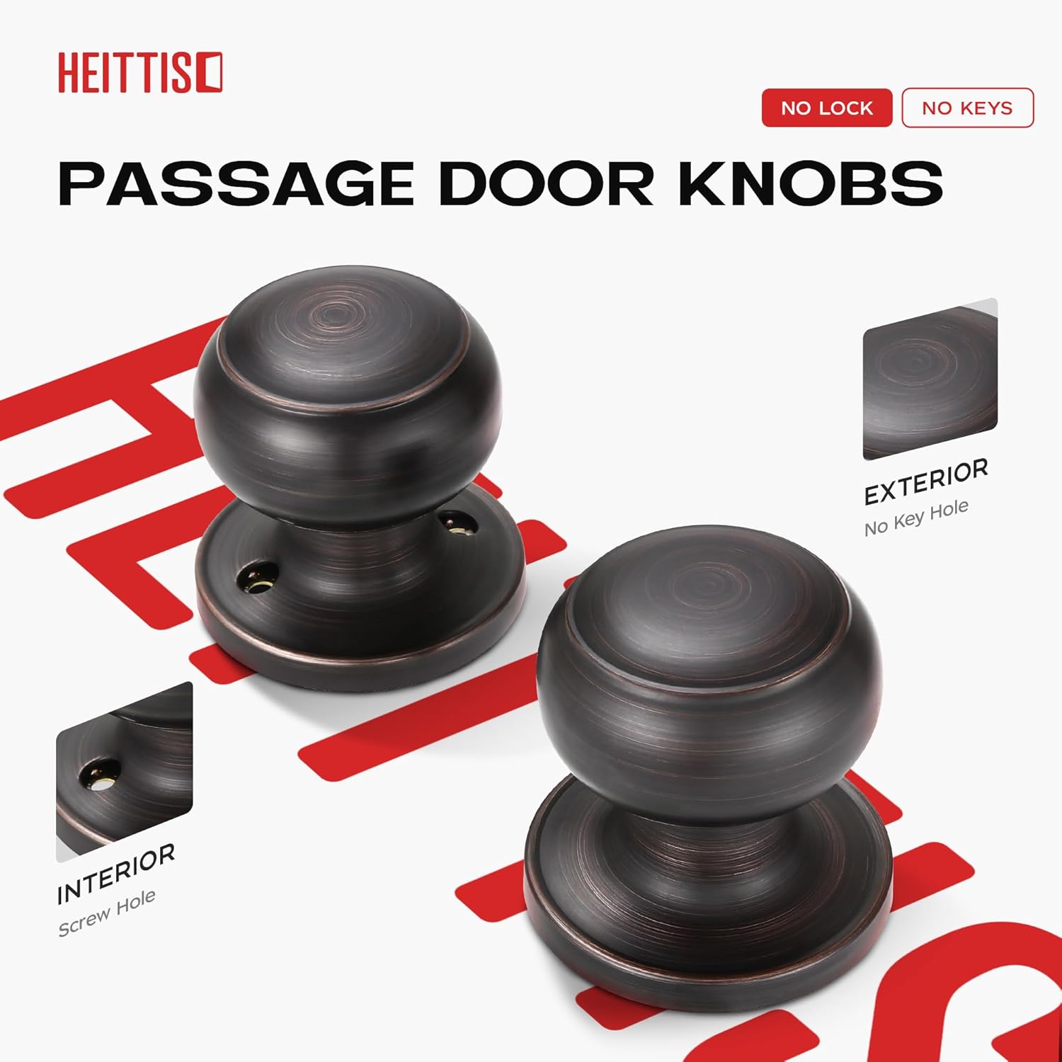 5 Pack Closet Door Knobs, Passage Door Knobs for Hall/Closet, Keyless Ball Door Knob, Oil Rubbed Bronze