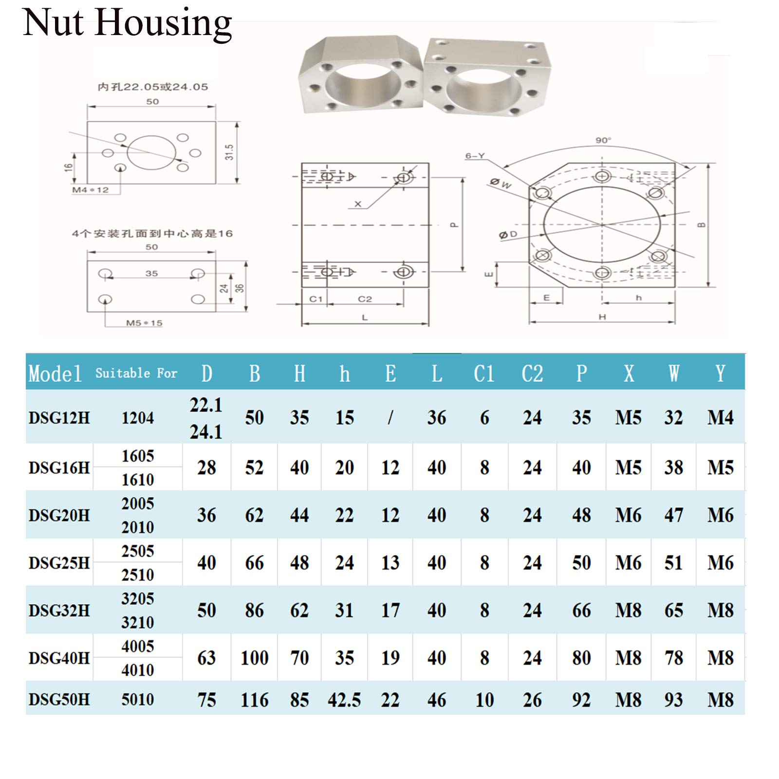 Vis à Billes CNC pièces SFU1204 RM1204/1610/2005/2010/2504/2505/2510 400mm-2600mm Diam 12mm/20mm/25mm with Ballnut and ballnut housing + end supports BK/ BF12/15/20 + coupler