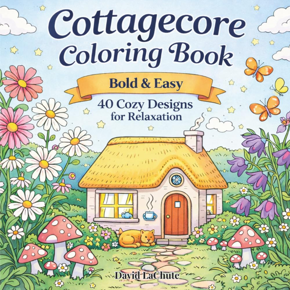 Cottagecore Coloring Book: Bold and Easy Designs Featuring Cozy Cottages, Mushrooms, Flowers, and Charming Country Scenes for Adults and Teens Relaxation