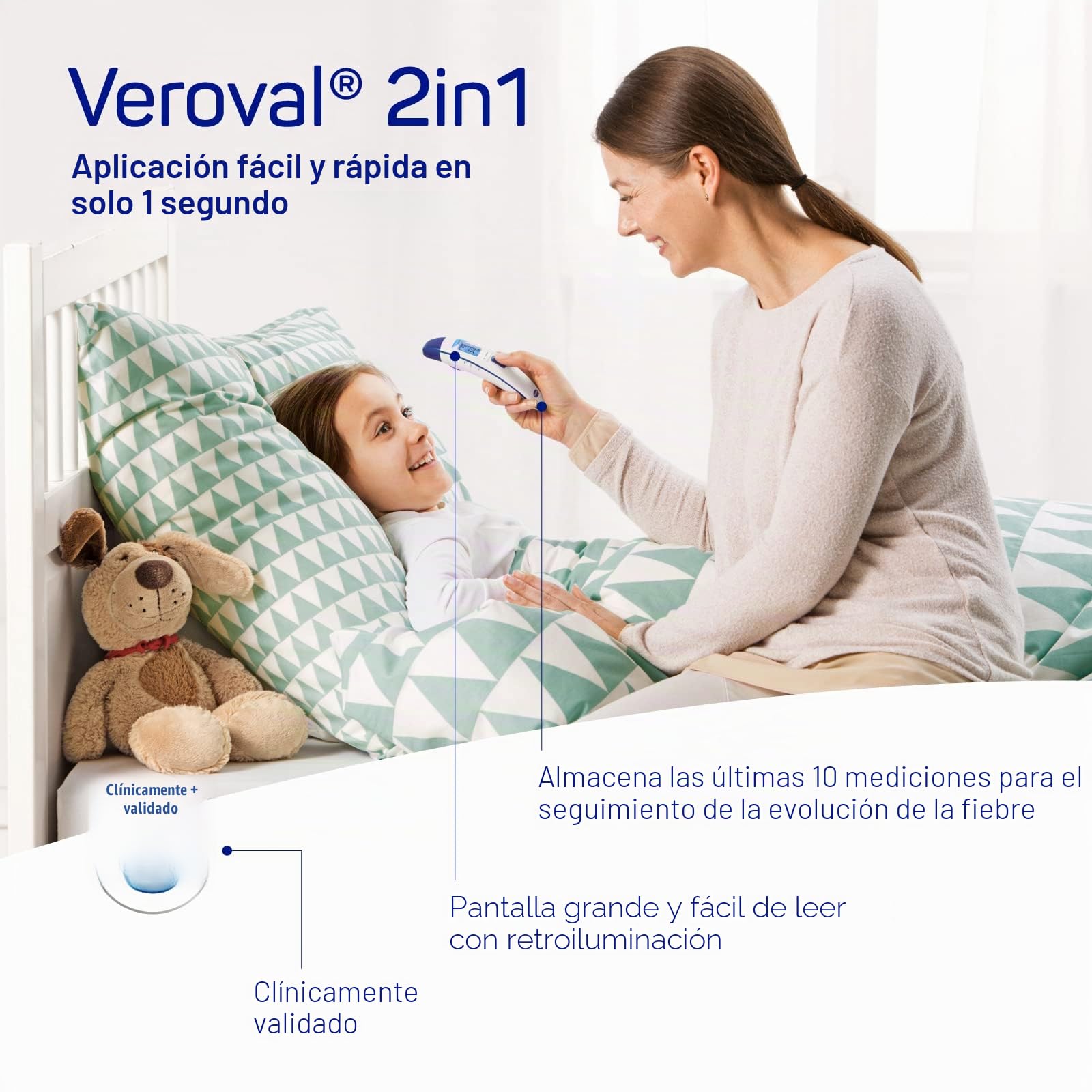 Veroval Termómetro infrarrojo 2 en 1, medición rápida de la fiebre en el oído y la frente, ideal para familias, incluye 10 tapas protectoras