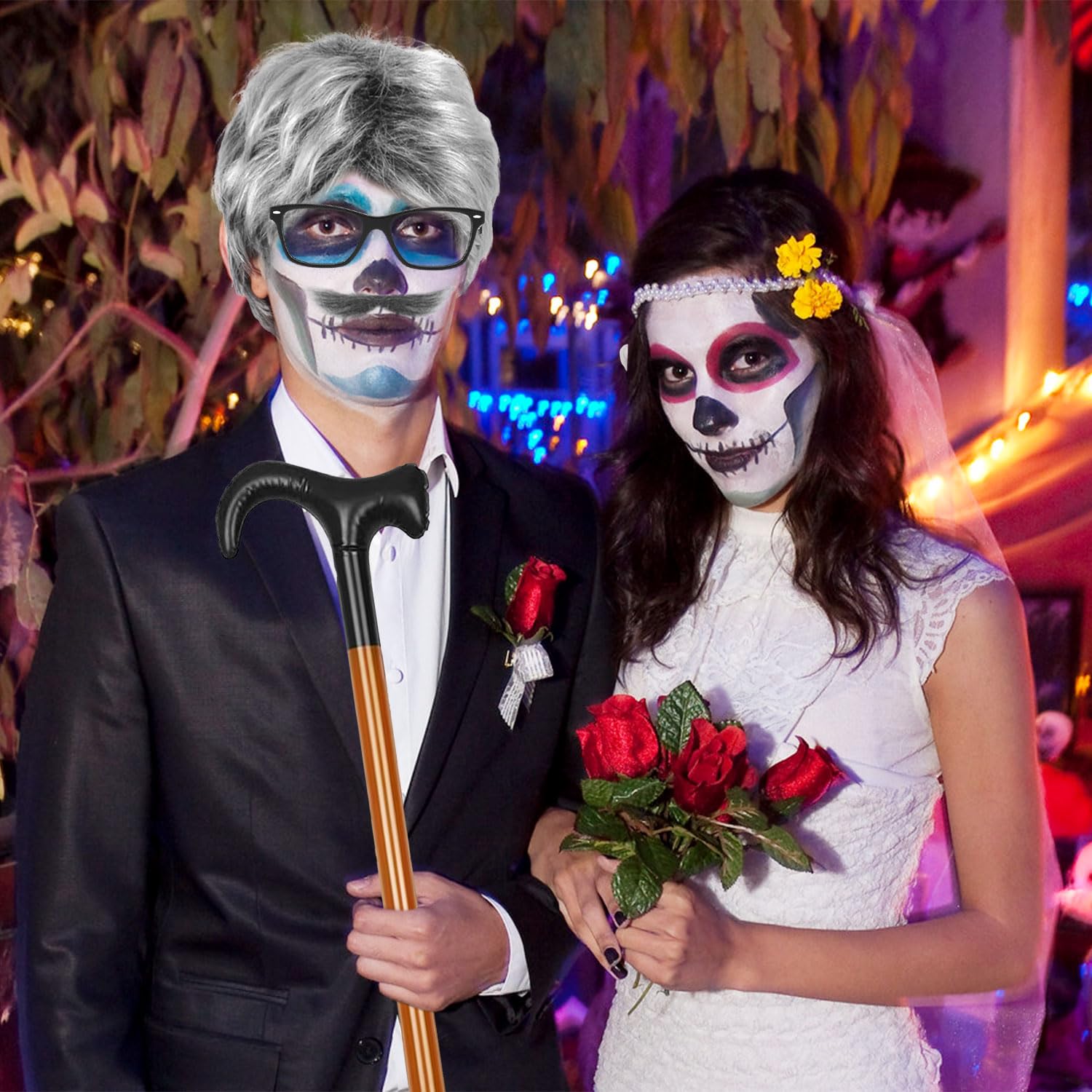 Pack Disfraz De Abuelo 5 Piezas | Peluca, Barba, Gafas Y Bastón Inflable | Perfecto Para Halloween Y Fiestas De Disfraces