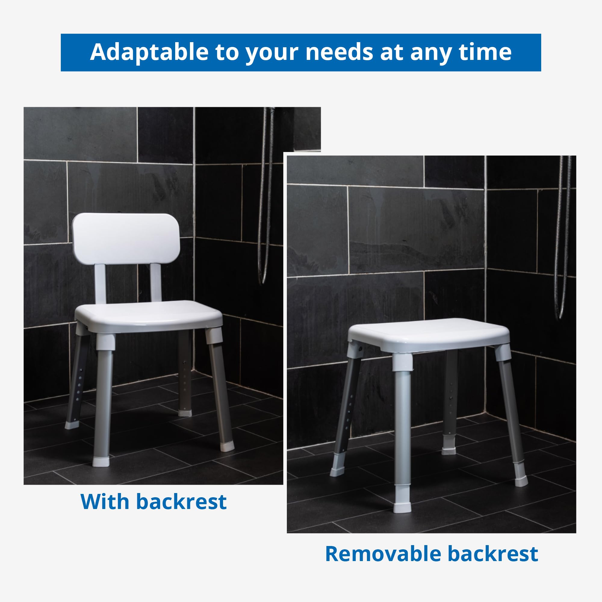 Dusch- und Badestuhl mit Rückenlehne, Senioren, aus der Design-Serie Gratia, rutschfeste Sitzfläche und Füße, höhenverstellbar, bis 150 kg belastbar, Farbe: Weiß, Modell: 43906