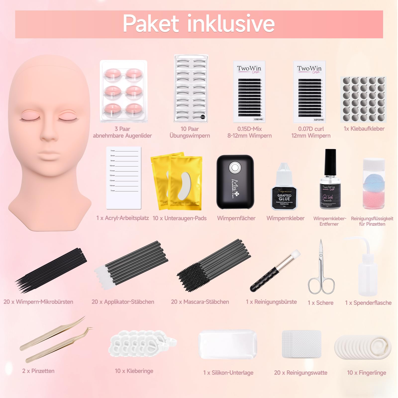 TwoWin Wimpernverlängerungs Set für Anfänger, Eyelash Extension Kit mit 4pc abnehmbaren Augenlidern, Professionelle Wimpern Mannequin Kopf Set mit Trainingskurs