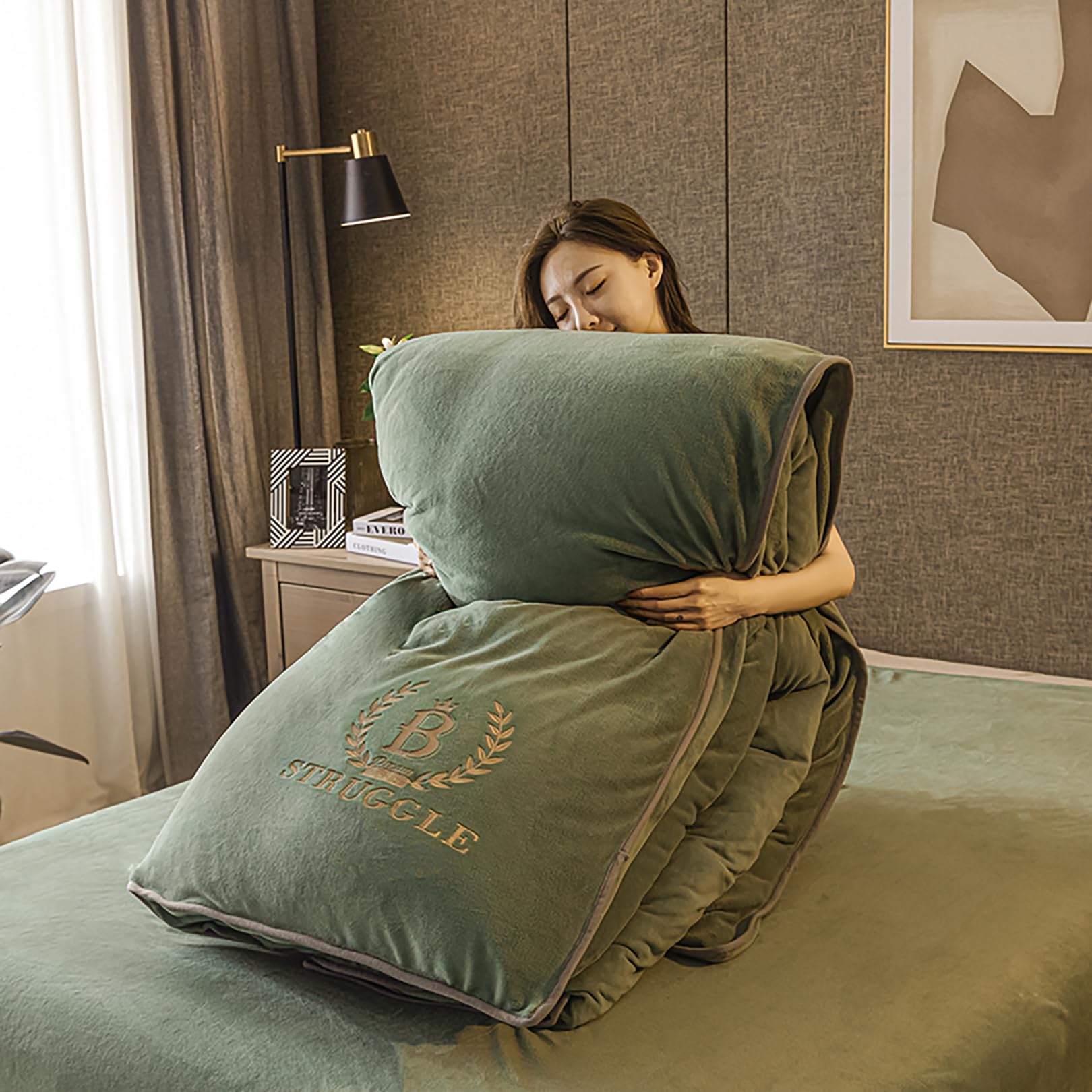 ALEjon Winter Warm Mullido Juego de Funda Nórdica de Franela de 3 Piezas para Cama Doble - Verde, Tamaño 220x240cm, con Cremallera y 2 Fundas de Almohada