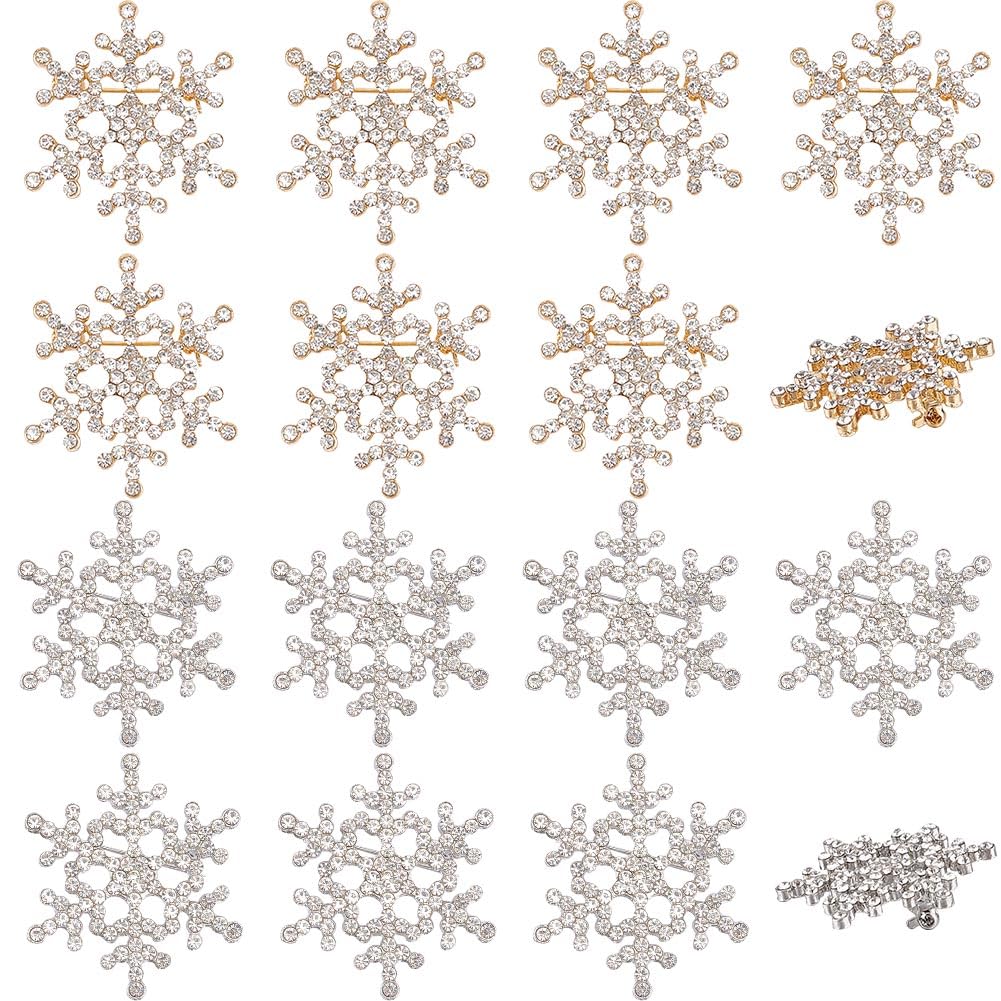 GORGECRAFT 10Pcs 2 Colors Christmas Snowflake Brooch Pin Crystal Rhinestone Breastpin Flower Embellishment Button Lapel Badge Pin for Woman DIY Wedding Bridal Dress Bouquet Decor Gold Silver