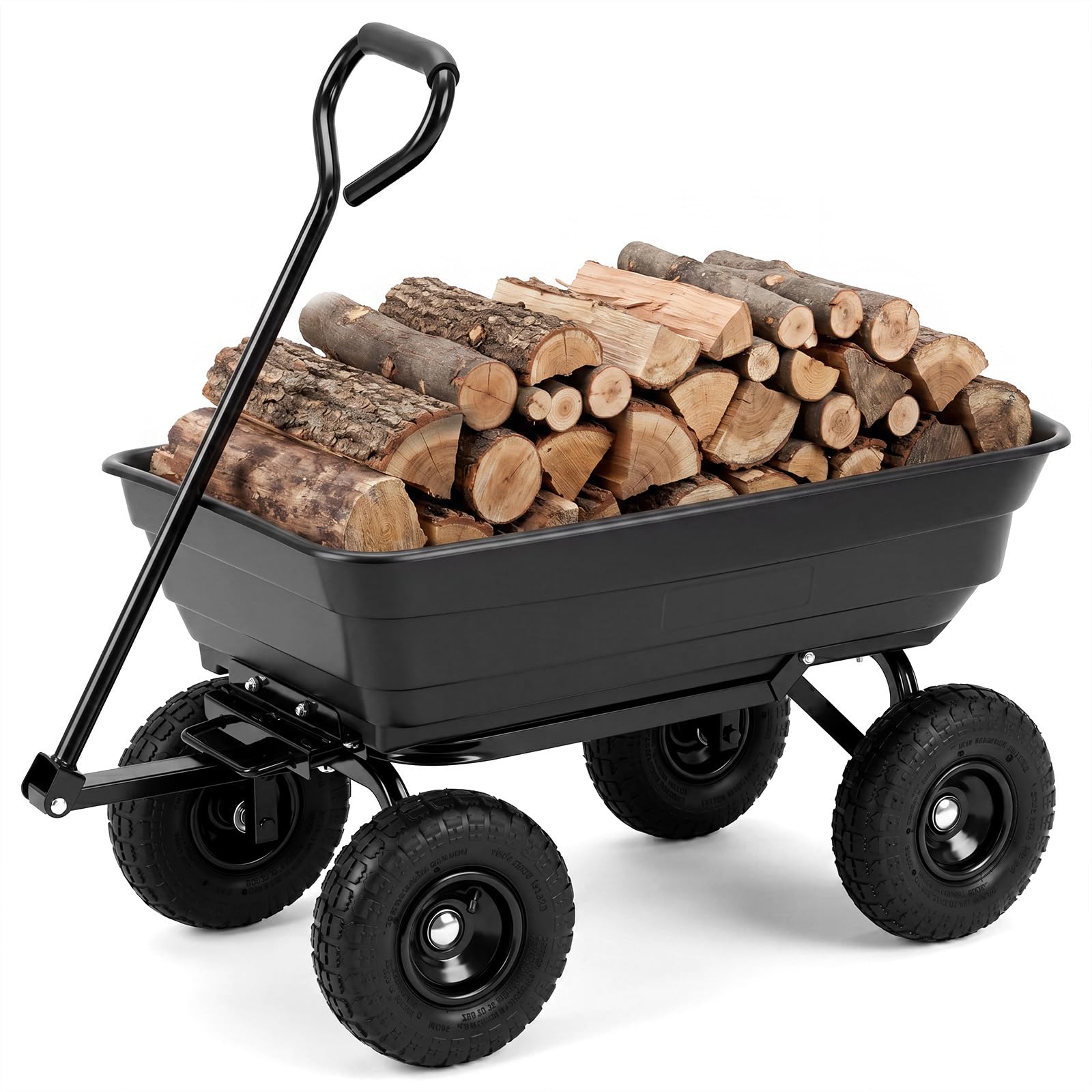 HOMASIS Gartenwagen mit Kippfunktion, belastbar bis 300 kg, Schwarz | Handwagen mit 75L Kunststoffwanne, verstellbarem Griff & stoßdämpfenden Luftreifen, Transportwagen für Hof & Supermarkt