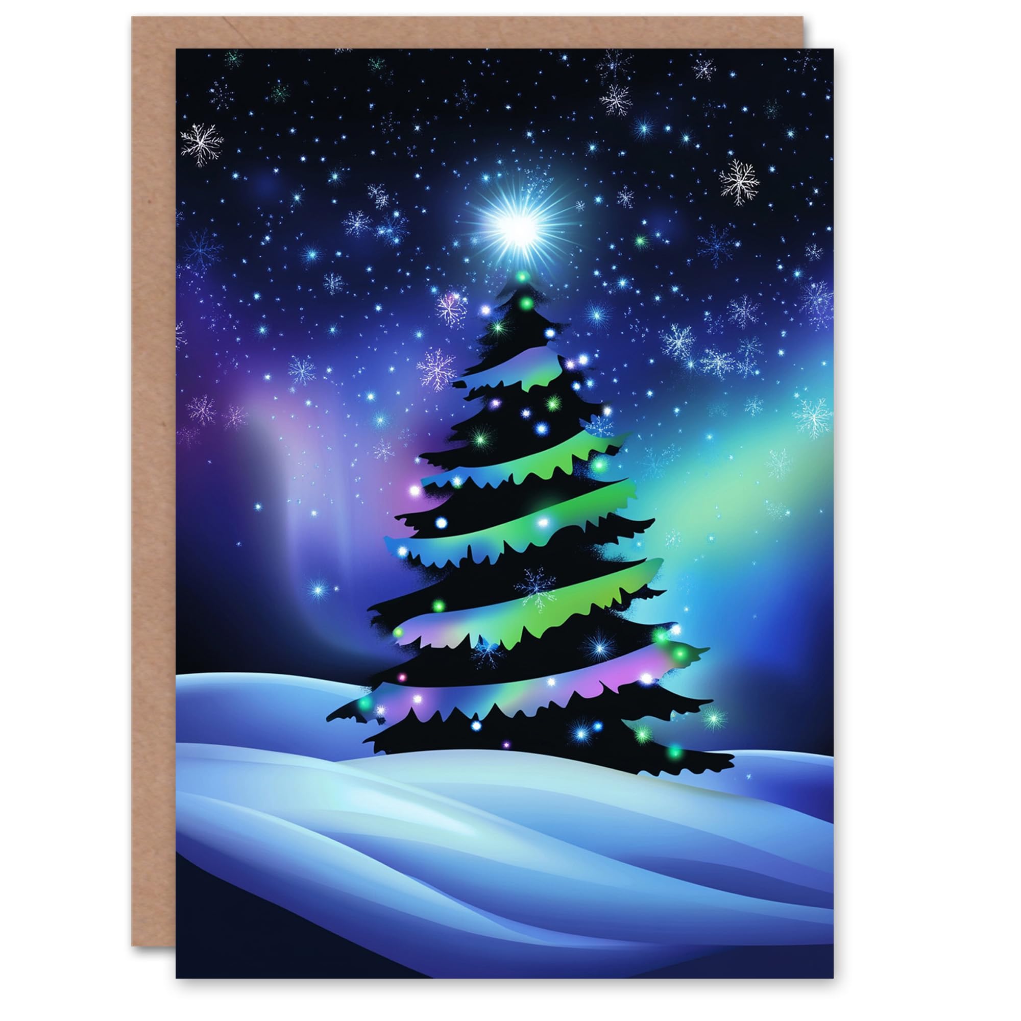 Artery8 Snow Covered Tree Aurora Borealis Blank For Him Or Her Art Xmas Festive Christmas Card