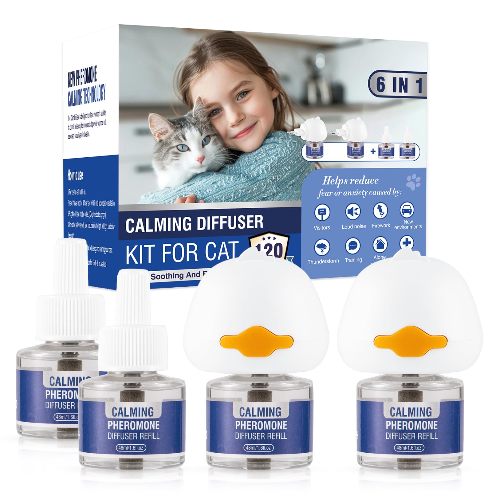 Piuess Pheromones Chat Feromone 6 in 1 pour Diffuseur Pheromone PhéRomones Anti Stress Prise Calmant Apaisant Apaiser Les Chats Conflit FéLines Relaxantes Et Calmantes Insipide(2 Prise + 4 Recharges)
