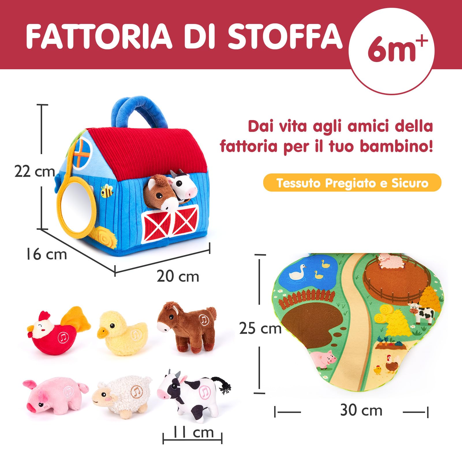 hahaland Giochi Bambini 1 anno - Fattoria Sonora in Peluche, con 6 Animali Morbidi e Suoni Realistici, Gioco Educativo Bambino Montessori Sensoriale Regalo 6 12 18 mesi