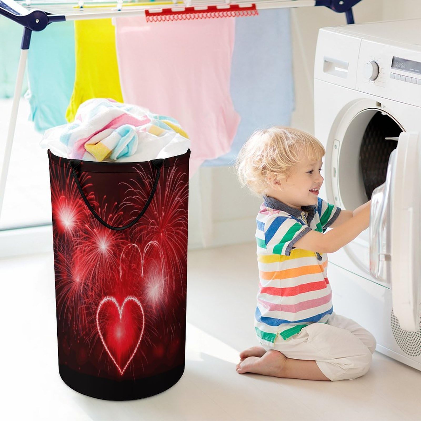 Red Hearts Fireworks - Cesta grande para ropa sucia, cesta de almacenamiento para asas de fácil transporte, cesta grande con asas, cubo de almacenamiento de ropa, organizador de juguetes para baño