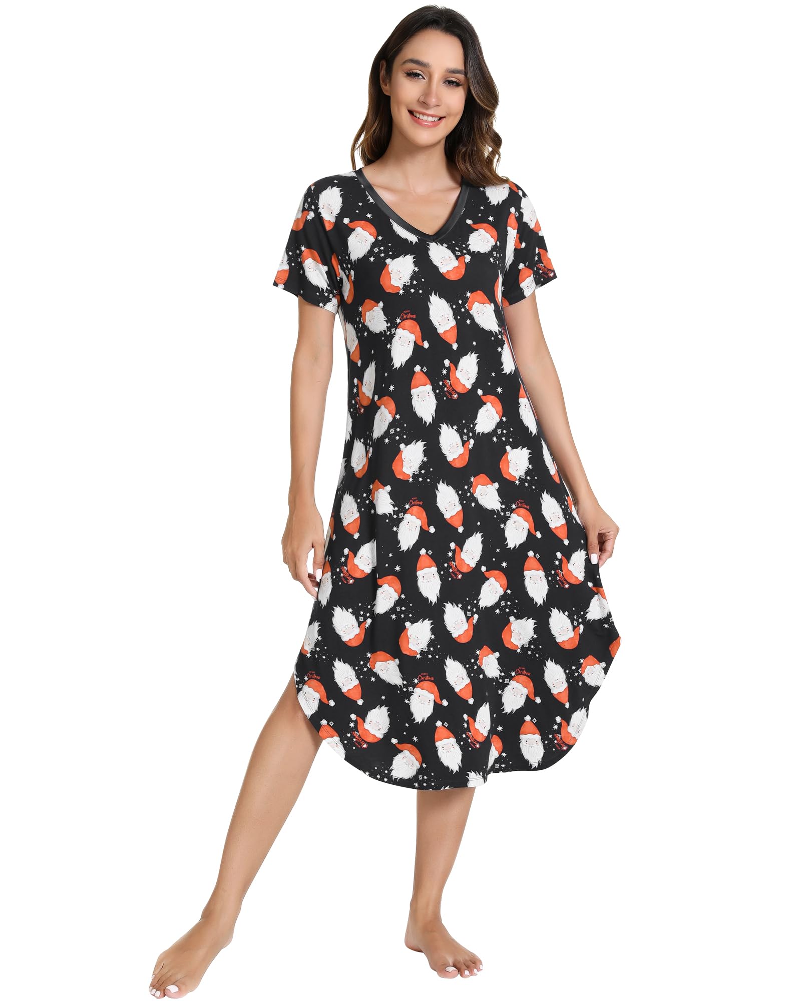 NACHILA Bamboo Viscose Nightgowns for Women Cooling Short Sleeve Sleepshirt | Soft V Neck Night Gowns, Moisture-Wicking Sleepwear for Hot Flashes &amp; Night Sweats, Ladies Nightshirts for Sleep, Home, Gift