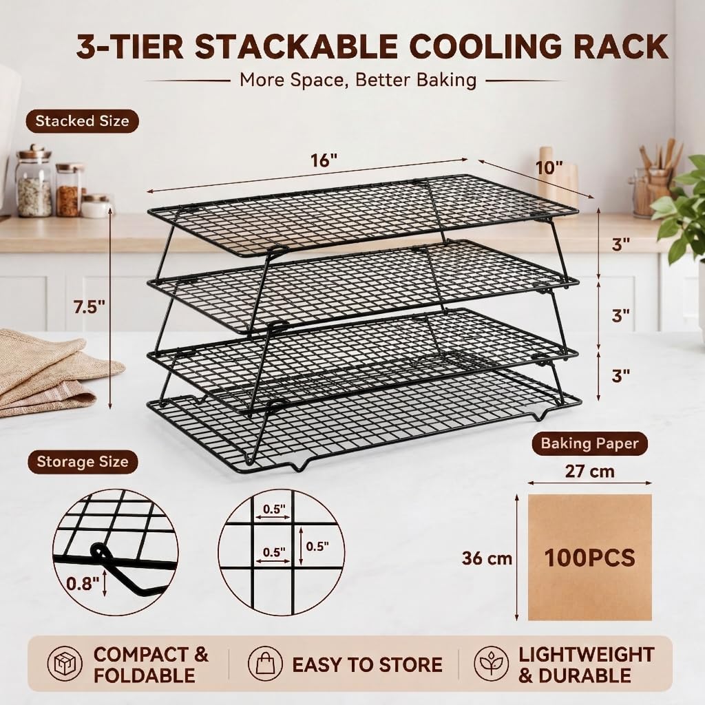 Cooling Racks for Baking, 3-Tier Stackable Stainless Steel Wire Cooling Rack Set of 3 (10"x15") with 100 Paper, Oven Safe Heavy Duty Rust-Resistant Wire Rack for Cookie Sheet Roasting Grilling.