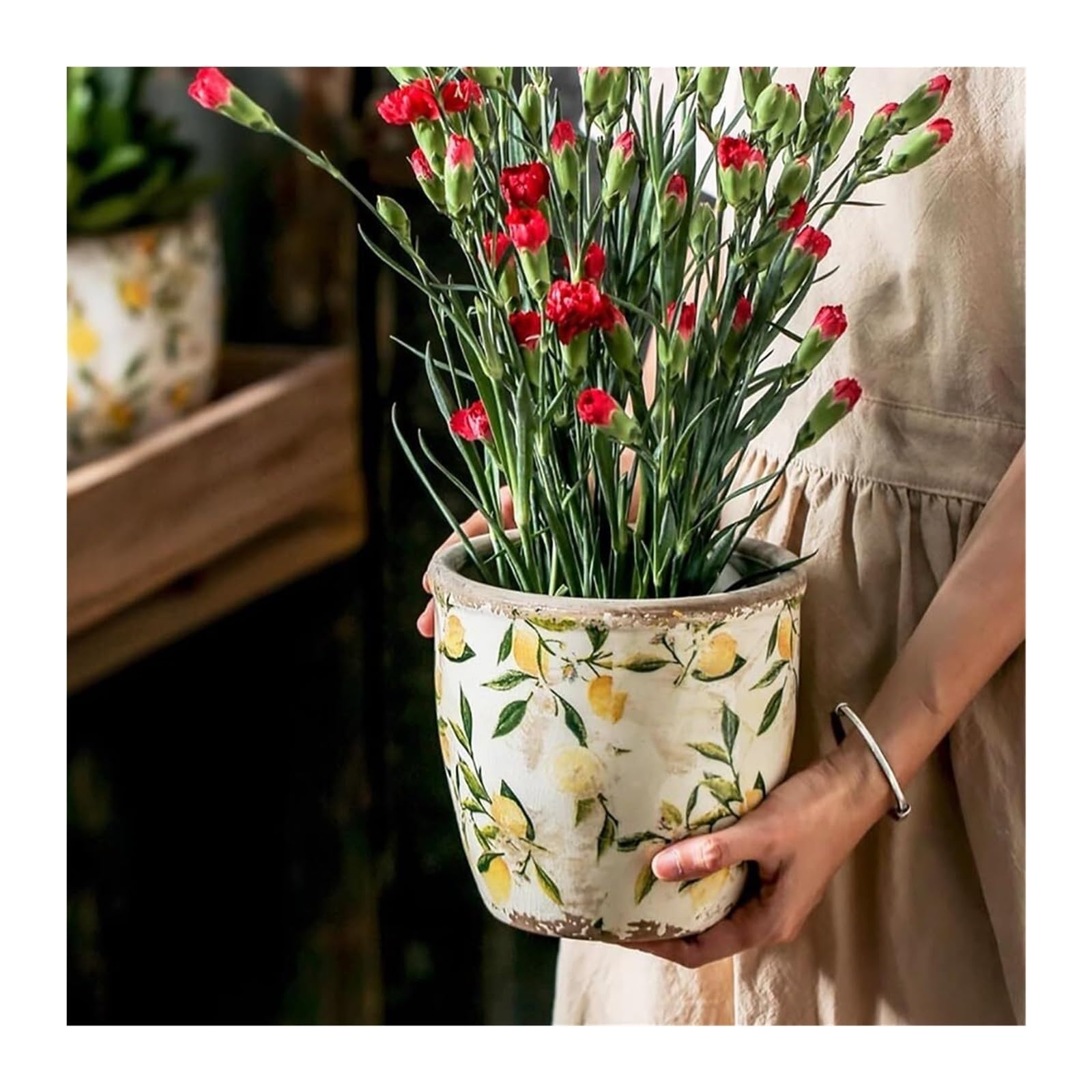 Doniczki na rośliny, ceramiczne doniczki na rośliny ogrodowe i sukulenty. Donice na rośliny z pęknięciami w stylu "used look", prezenty dla miłośników roślin (żółte, z otworem)