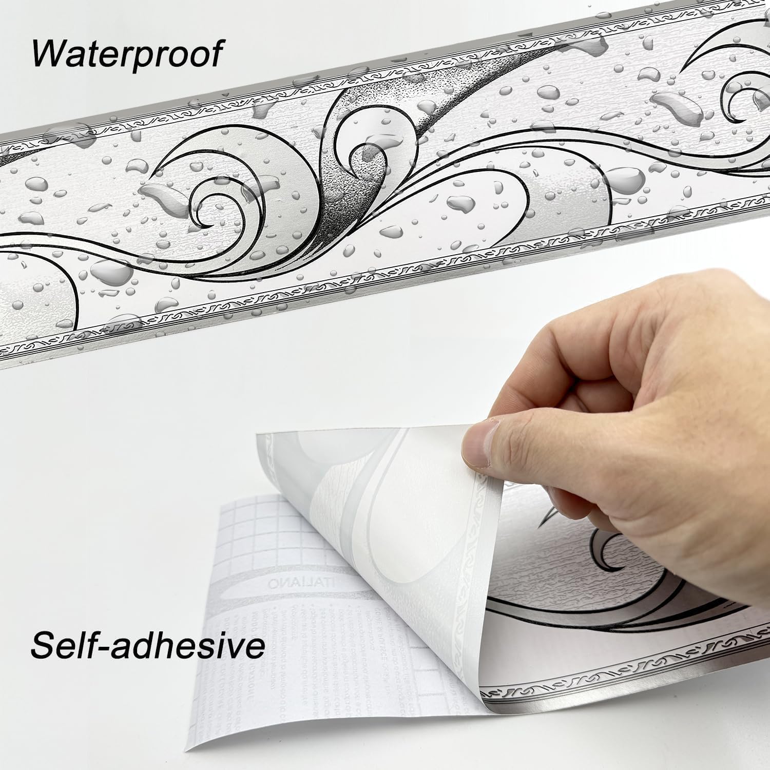 Angelkiss Papel pintado borde, patrón de ondas grises de plata real, borde, decoración de pared despegable, adhesivo de techo, cocina, baño, decoración de pared, 11 cm x 10 metros (2 unidades)