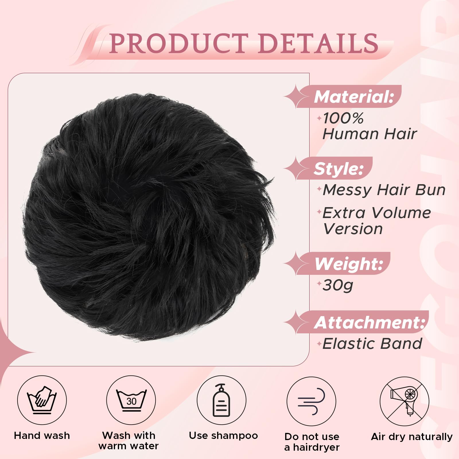 SEGO Pro Messy Hair Bun Scrunchies Real Human Hair Piece for Women 30g, 1# Jet Black, 1 Count - Image 3