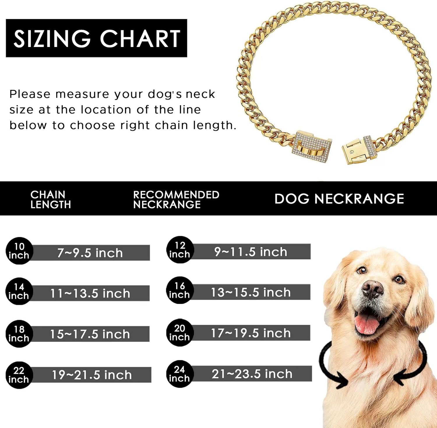 Gold Chain Dog Collar Dog Necklace with Bling Zircons Metal Cuban Link for Medium and Large Dogs Pets Heavy Duty Chew Proof 20IN