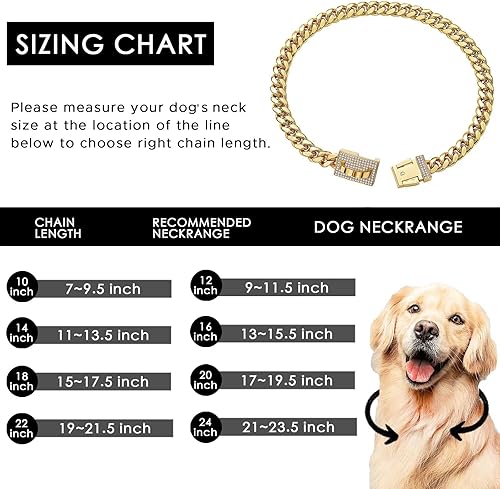 Miniatura 4 de Collar de perro de cadena dorada con circonitas brillantes, eslabones cubanos de metal para perros medianos y grandes, mascotas, resistente, a