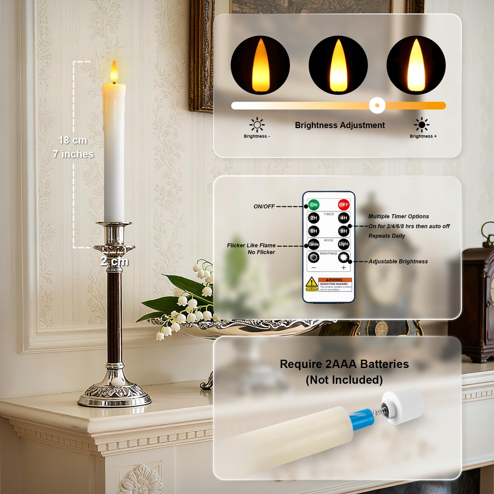 Candele coniche antigoccia senza fiamma da 17,8 cm, con timer e dimmer a distanza, candele a batteria in vera cera, candele finte con fiamma 3D per casa, matrimoni, decorazioni natalizie