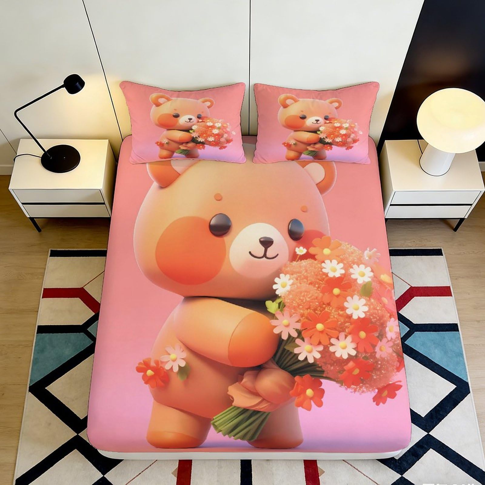 3D Printed Cute Bear Fitted Sheet Microfiber Deep Pocket Elastic Hem Bear Mattress Fitted Cover for Bedroom Adults Teens 200x200x25cm 90x200x25cm