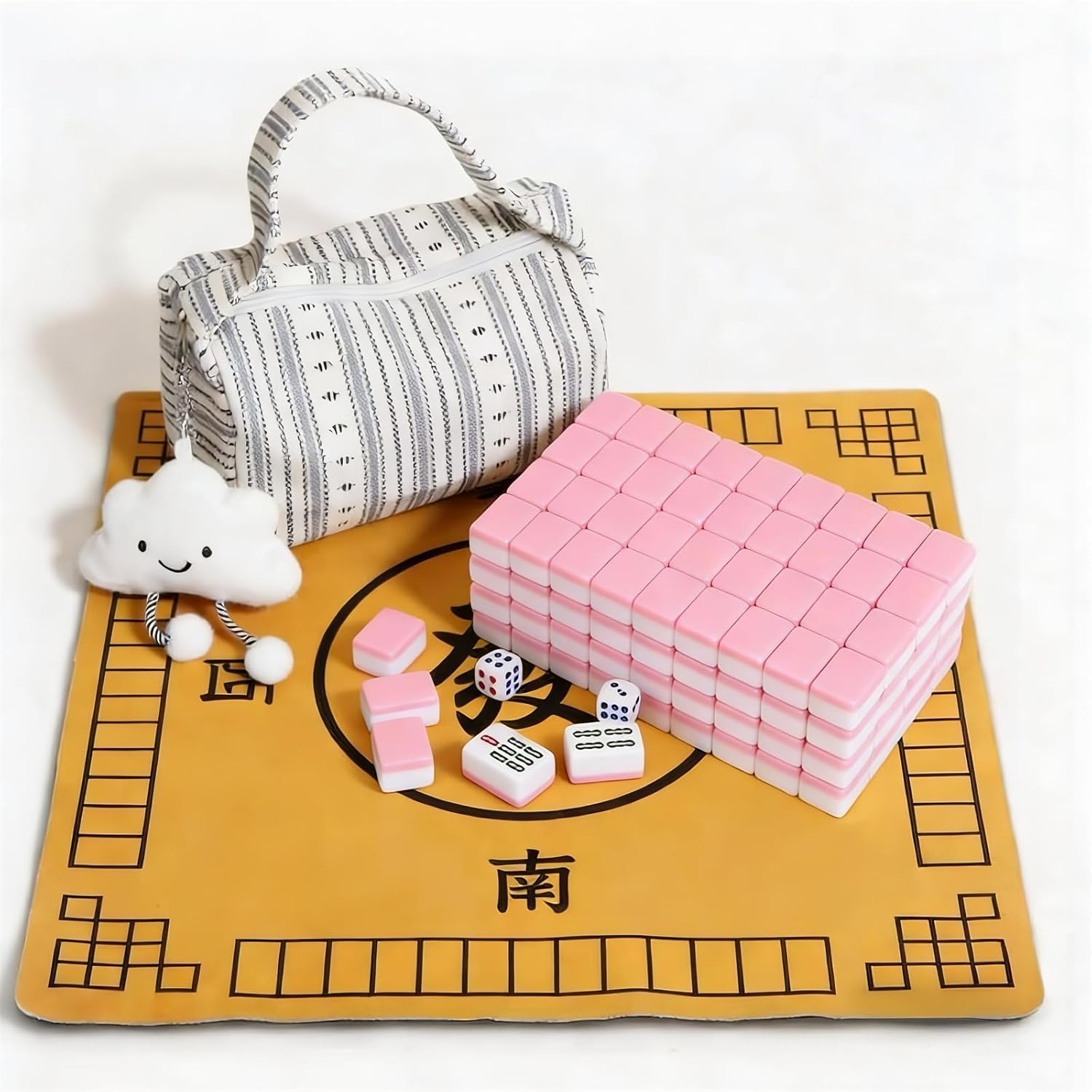 Mini Mahjong Set with Carrying Bag, Portable Mahjong Game with Tablecloth and Dice, Complete Travel Mahjong Tiles (Pink)