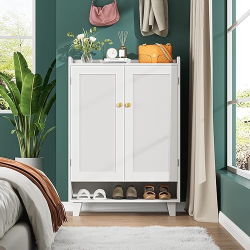 Miniatura 6 de Zapatero de estante plano con puertas, armario de almacenamiento de zapatos de 6 niveles con estantes ajustables, zapatero de madera para zapatos,