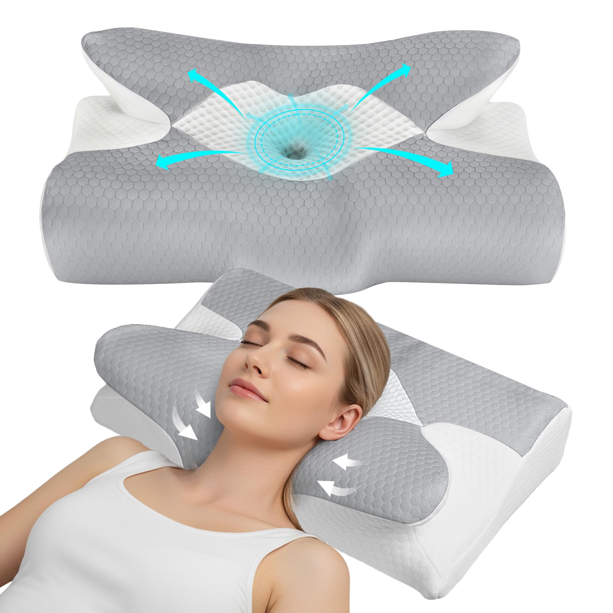 Lavio Grey Cervical Memory Foam Pillow For Neck Pain, Orthopedic Neck Pillow Ergonomic Head Neck Support Pillow For Side, Back & Stomach Sleepers With Removable Cover (Grey)