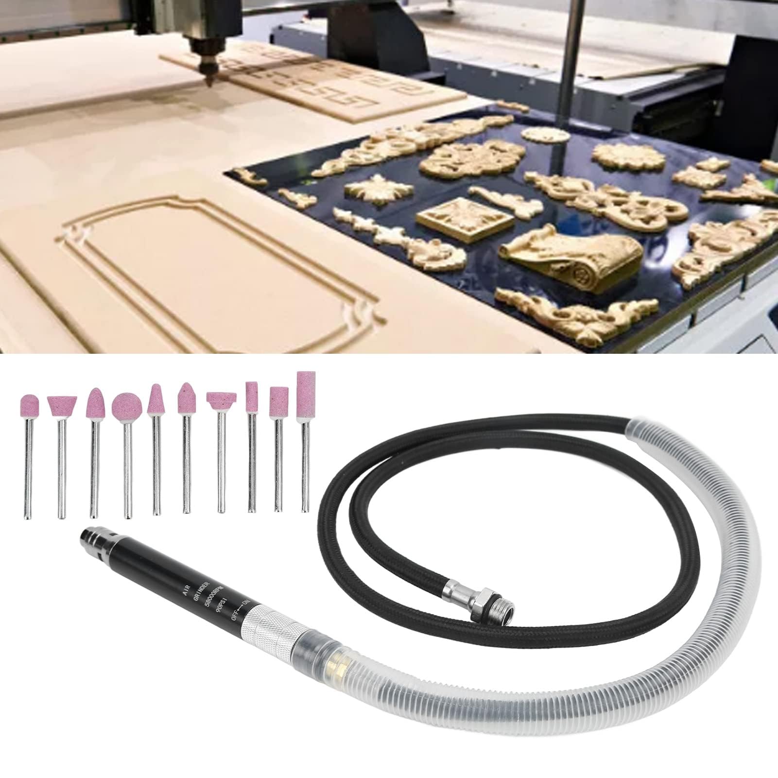 Kit Meuleuse Stylo Pneumatique Professionnel, Mini Meuleuse Air Crayon avec Accessoires, Alliage de Zinc, 65000 tr/min, 90 psi, Pince 1/8 pouce, pour Polissage Gravure Découpe