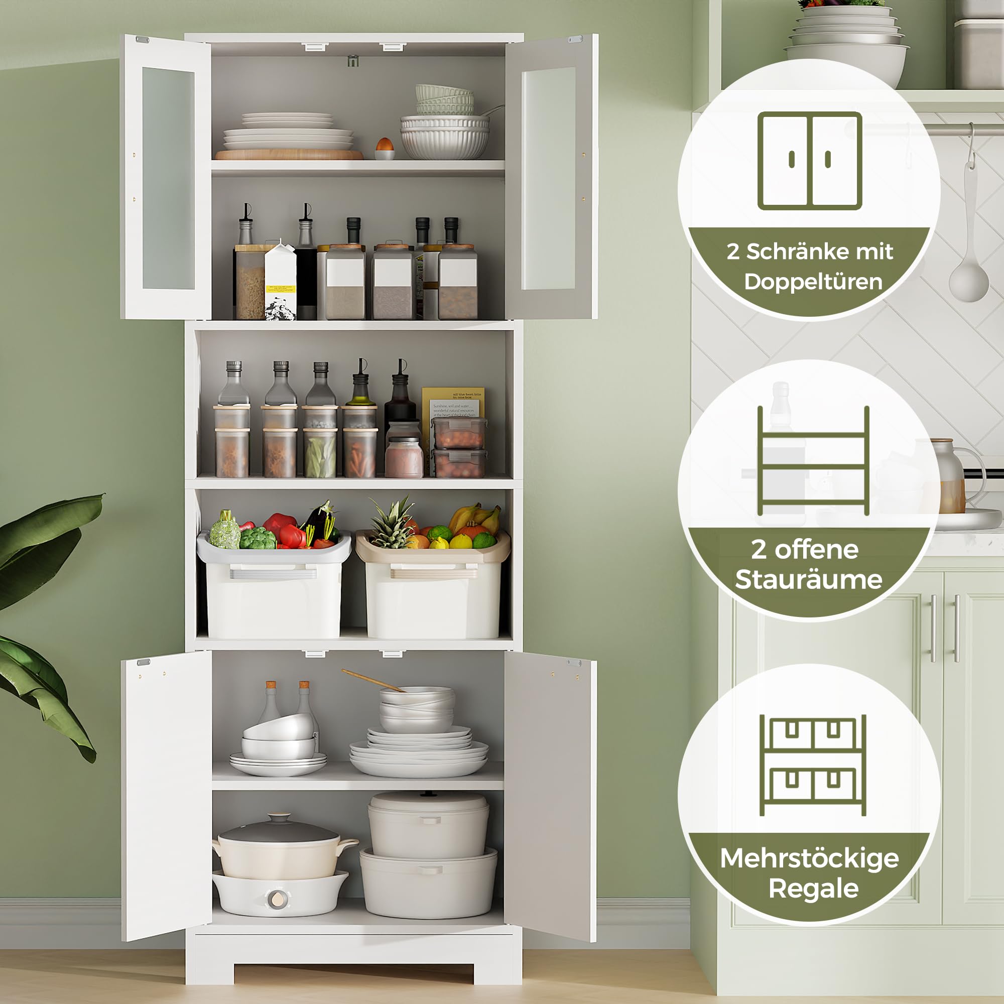 BEWISHOME Weiß Hoher Badezimmerschrank,Badschrank,Badezimmermöbel | mit Verstellbare Ablagen, Mehrzweckschrank mit Glastür und offenem Fach,für Badezimmer/Wohnzimmer, 40 * 60 * 180cm EYYG04W