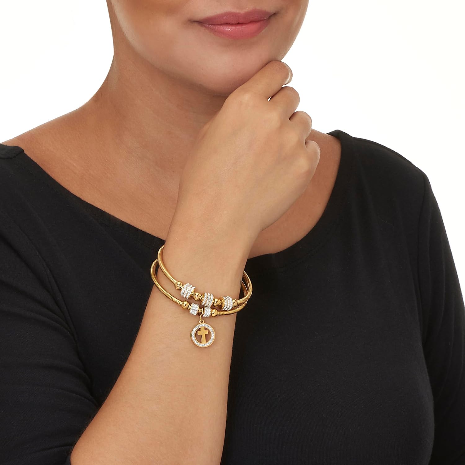 Palm Beach Jewelry Round Crystal Gold Ion-Plated Stainless Steel Cross Charm Bracelet Set 7-inch