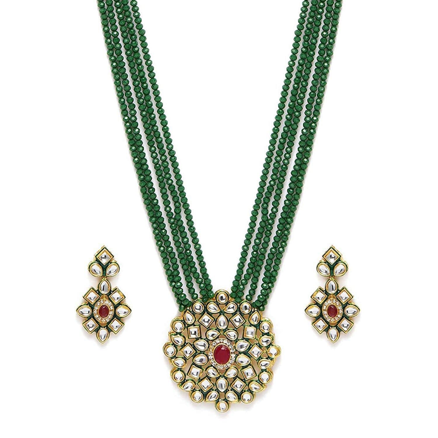 5 Layered Onyx Crystal Beads Alloy Necklace Jewellery Set Glided With Uncut Polki Kundan for Women & Girls (ML269)-image-34