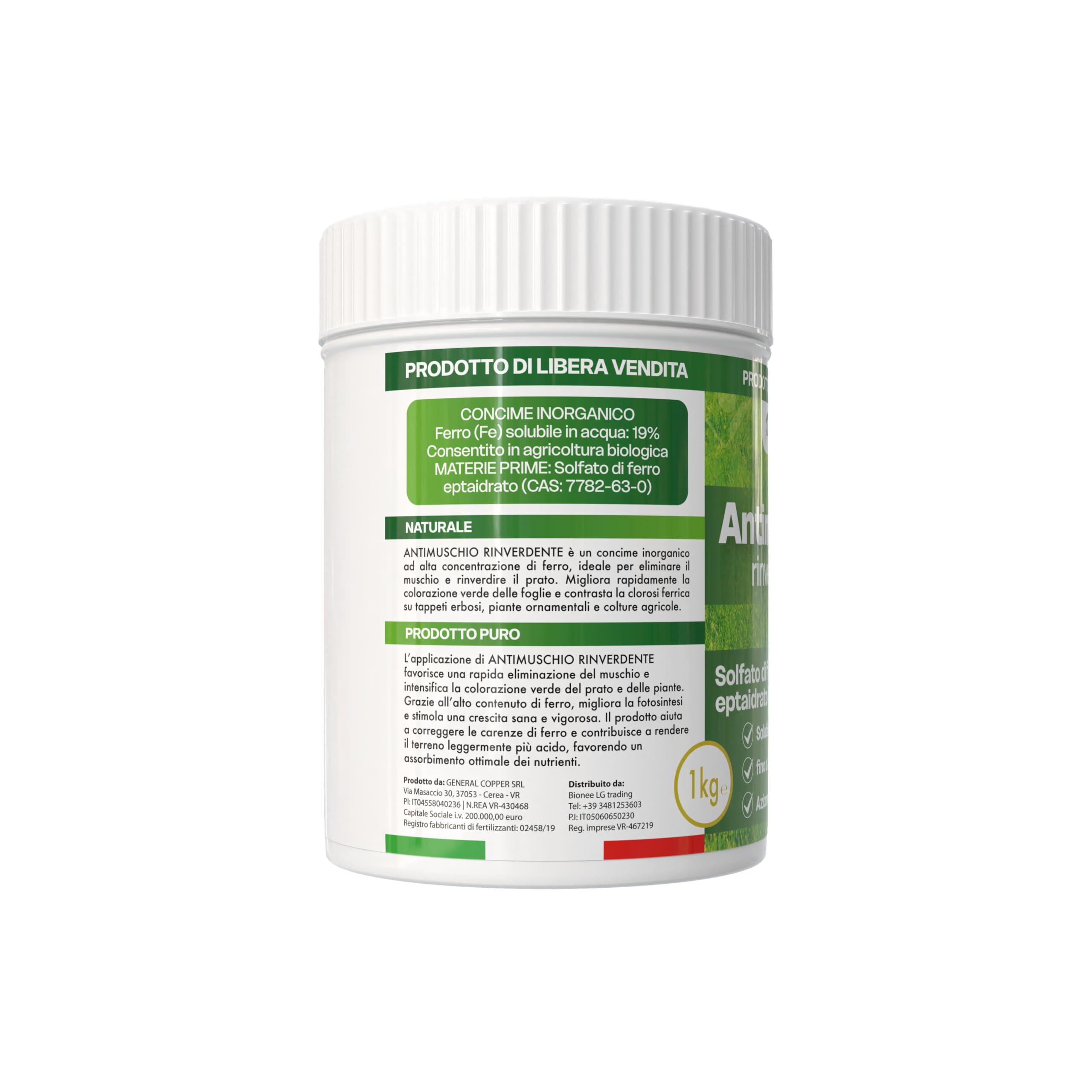 Antimusgo revitalizante 1 kg – Sulfato de hierro concentrado – Acción rápida contra musgo, clorosis férrica y reverdecimiento del césped – Permitido en agricultura biológica