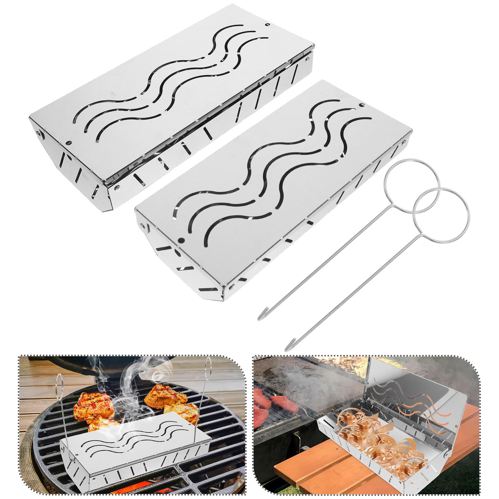 Sosoport 2 Stück Räucherbox aus Edelstahl für Holzkohle- Gas und Elektrogrill für Fleisch und Fisch mit Deckel Grillzubehör für Bbq Geschmack